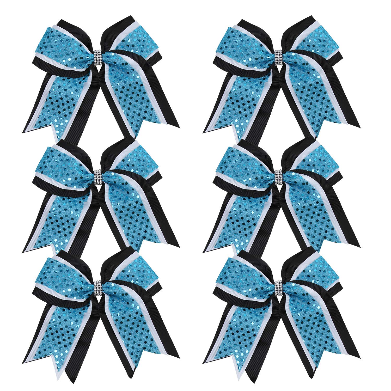 Cheerleader Bows 8 Inch 3 Layers 6 Pcs Ponytail Holder Jumbo Cheerleading Bows Hair Elastic Hair Tie for High School College (Black/White/Teal)