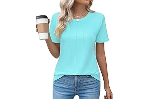 Short Sleeve Womens Casual Crew Neck Pleated Blouses and Dress Shirts