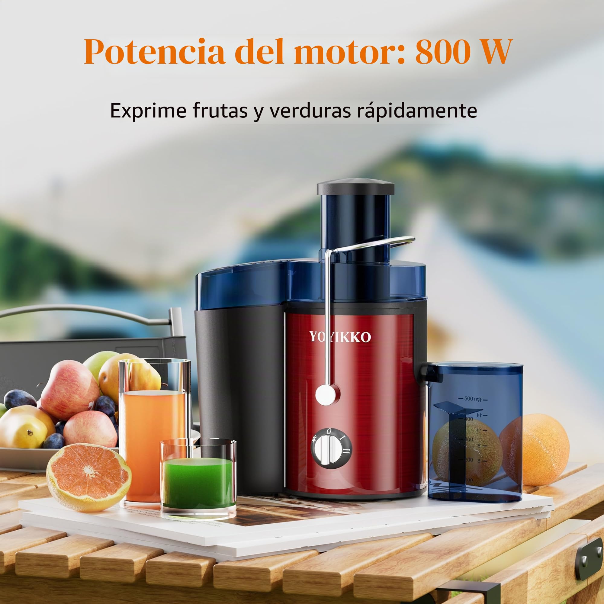 Licuadoras Para Verduras y Frutas, ajuste de 3 velocidades, extractor de frutas y verduras de 800W con boca ancha de 75 mm, fácil de limpiar, acero inoxidable sin BPA (Rojo-30)