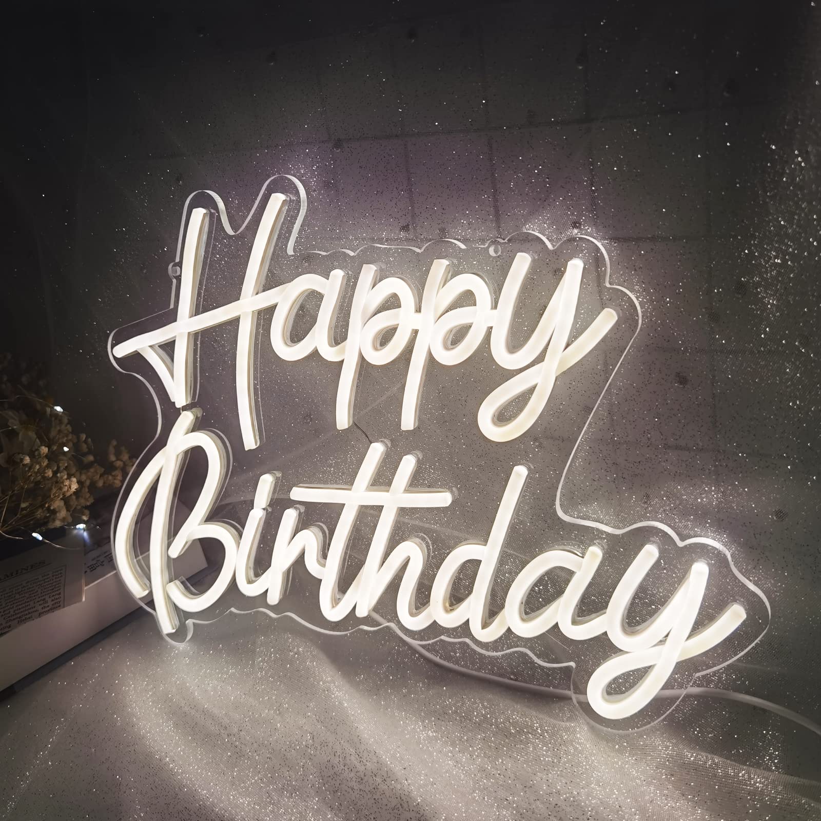 Feliz cumpleaños Señal de neón reutilizable cálido blanco led luz nocturna de neón Decoraciones de la fiesta de cumpleaños USB operado decorativo para la decoración de la pared de fondo 5v, 16.5""*11"