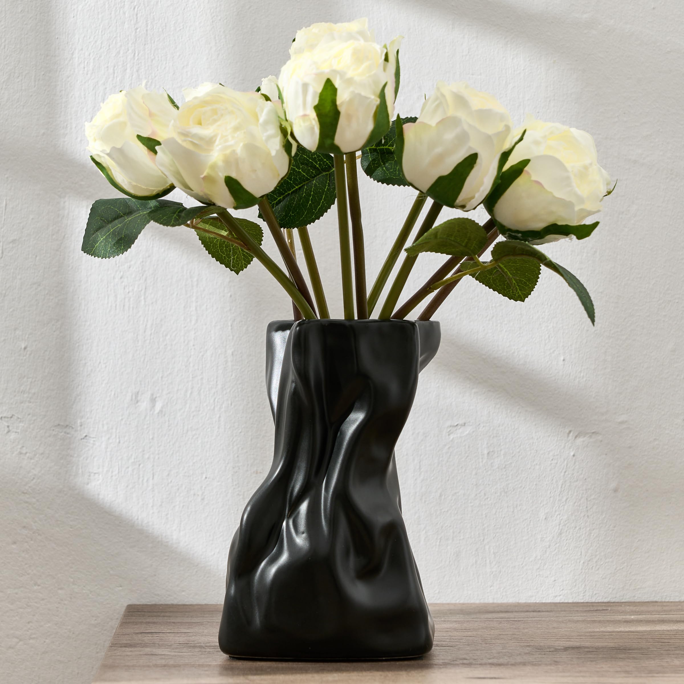 6.38" Matte Black Ceramic Flower Vase, Elegant Handcrafted Modern Farmhouse Decor, Simple Nordic Style Aesthetic Decorative Flower Vases for Home Decor, Living Room, Bookshelf, Office, Entryway