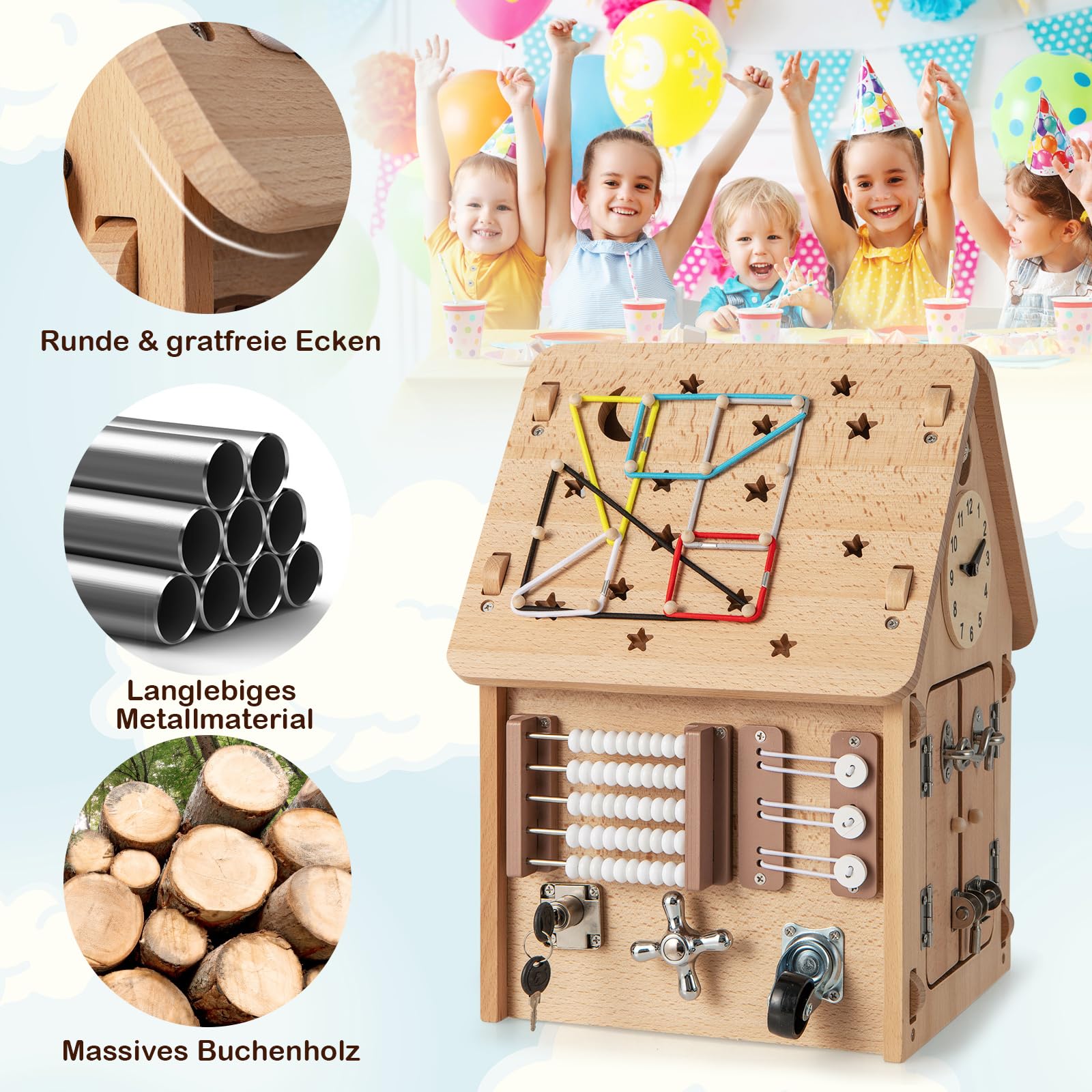 COSTWAY Domek do zabawy dla dzieci z drewna, sensoryczny domek z zabawkami sensorycznymi i miejscem do przechowywania wewnątrz, zabawka Montessori, kostka do aktywności, prezent dla chłopców i