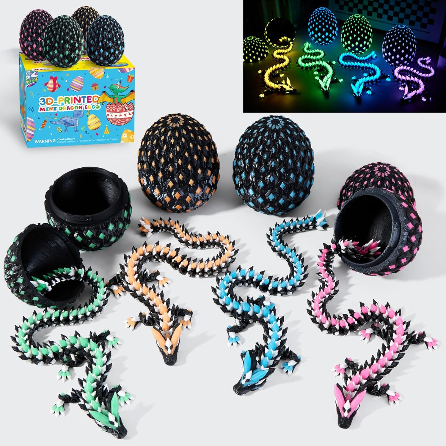 3D Printed Dragon Glow in The Dark with Matching Egg – UV Reactive 3D Printed Dragon Egg Set,Surprise Animals Figurines Fidget Dinosaur Eggs Toys for Boys Kids Teen 5-7 4-6 8-12 (Luminous Four color）
