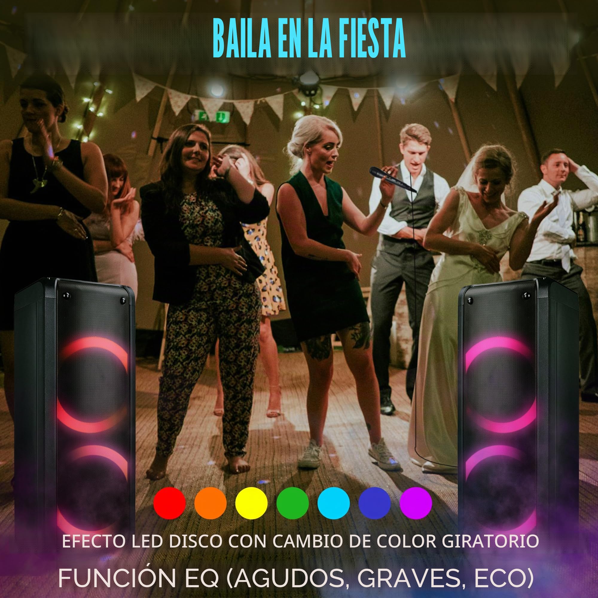 REFLEXION PS09BT - Altavoz portátil con Bluetooth para DJ, Karaoke, 500 W, Radio FM-PLL, Efecto LED con Cambio de Color, Incluye micrófono, batería integrada, Color Negro