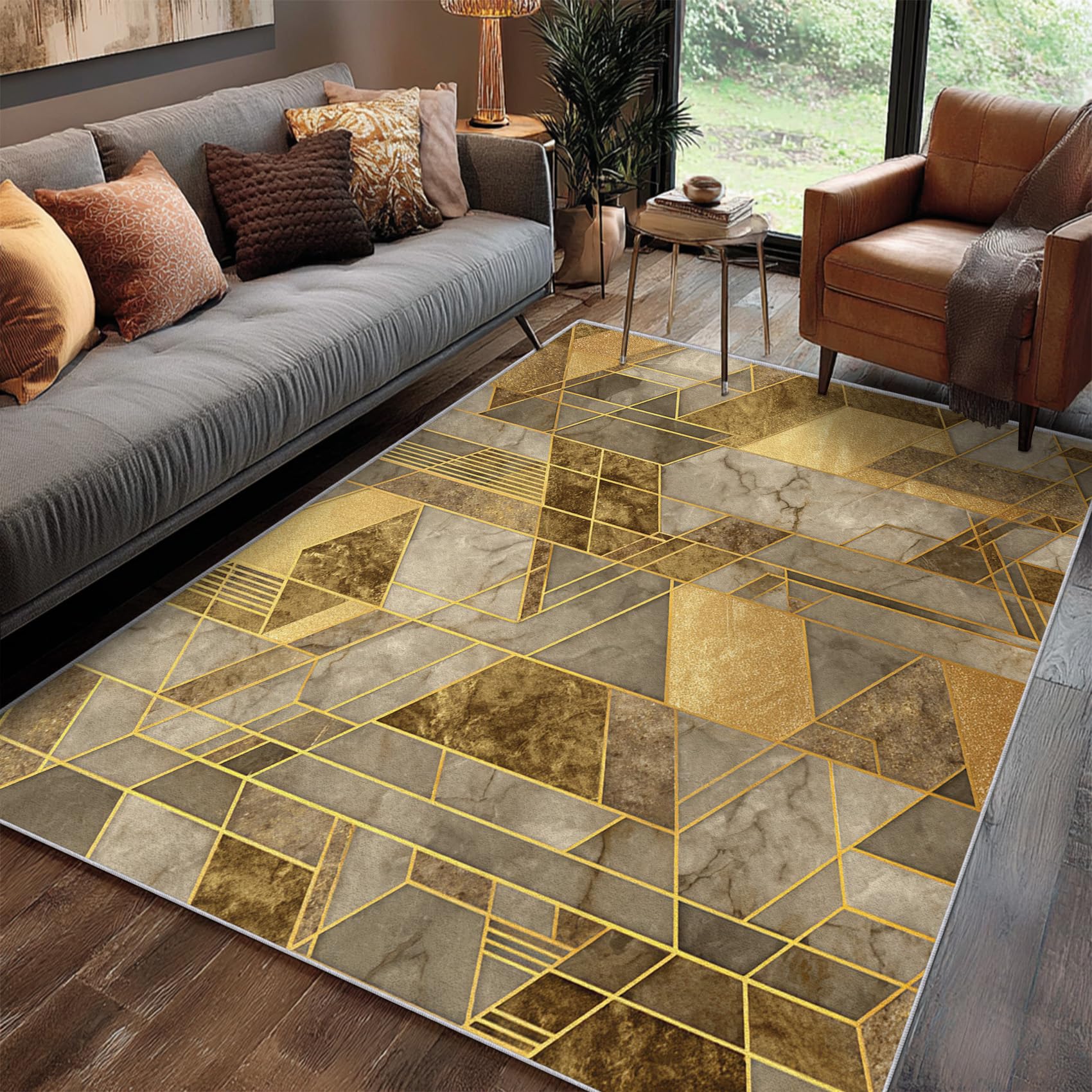 Marmor Teppich 200 x 200 cm Wohnzimmer Mit Gold Gelb Modern Geometrisch Muster, Marmor Bettvorleger Schlafzimmer Deko, Waschbar Teppiche Gegend Kurzflor rutschfest
