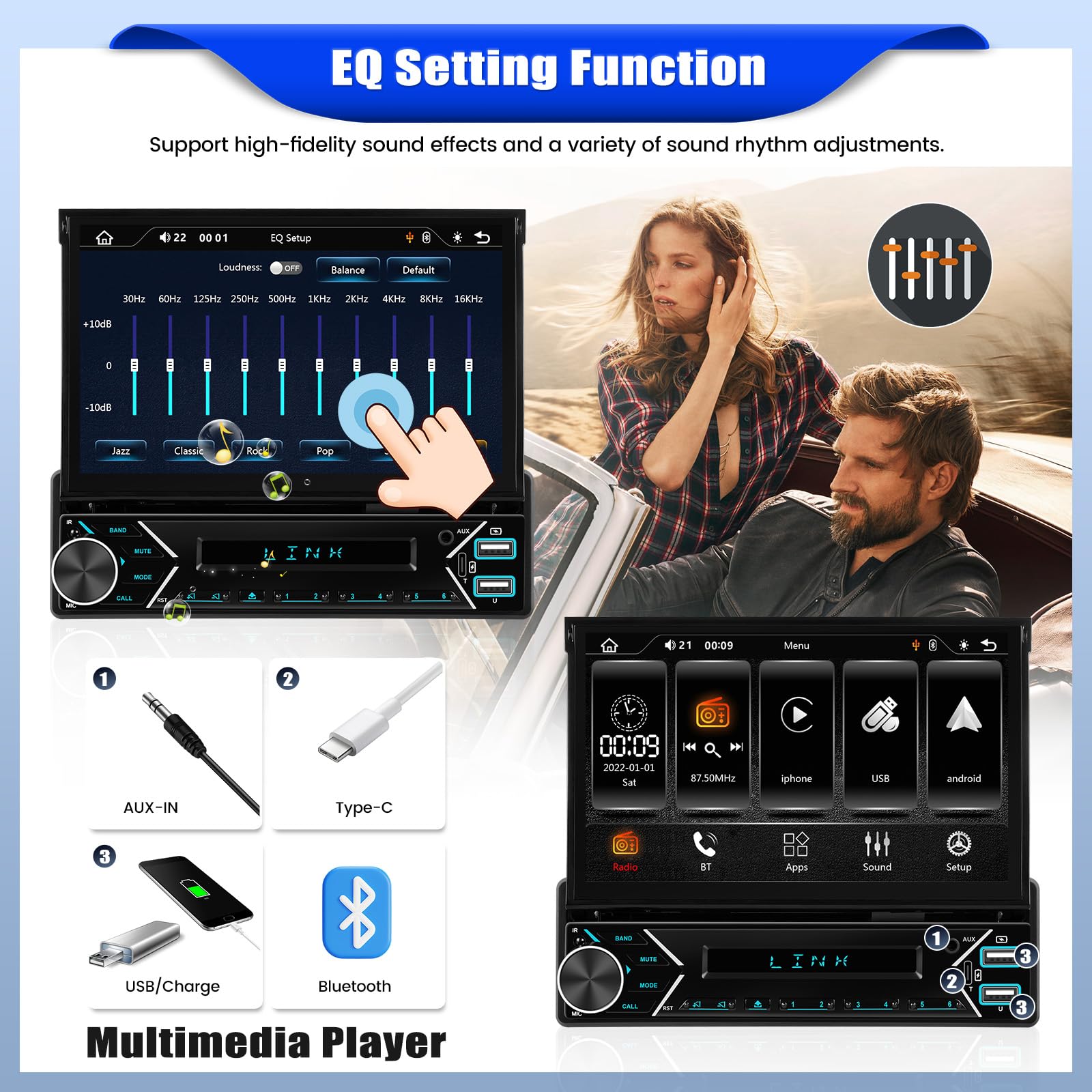 VECHTEL DAB/DAB autoradio met draadloze Carplay Android auto, IPS touchscreen, FM-radio, 1 Din met bluetooth, EQ, USB/TF/AUX, autoradio met achteruitrijcamera/stuurbediening
