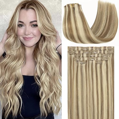 Loxxy Extensiones de cabello humano sin costuras con clip, de 22 pulgadas, color marrón ceniza claro mezclado con rubio platino, extensiones de