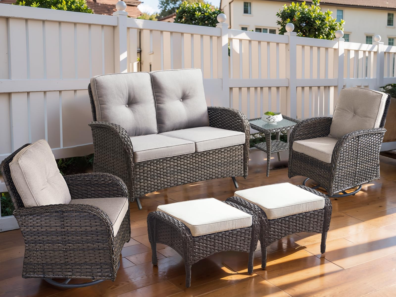 HUMMUH Patio Furniture 6-Piece PE Wicker Outdoor Conversation Set,All-Weather Rattan Swivel Chairs with Ottomans Glider Loveseat for Backyard,Poolside