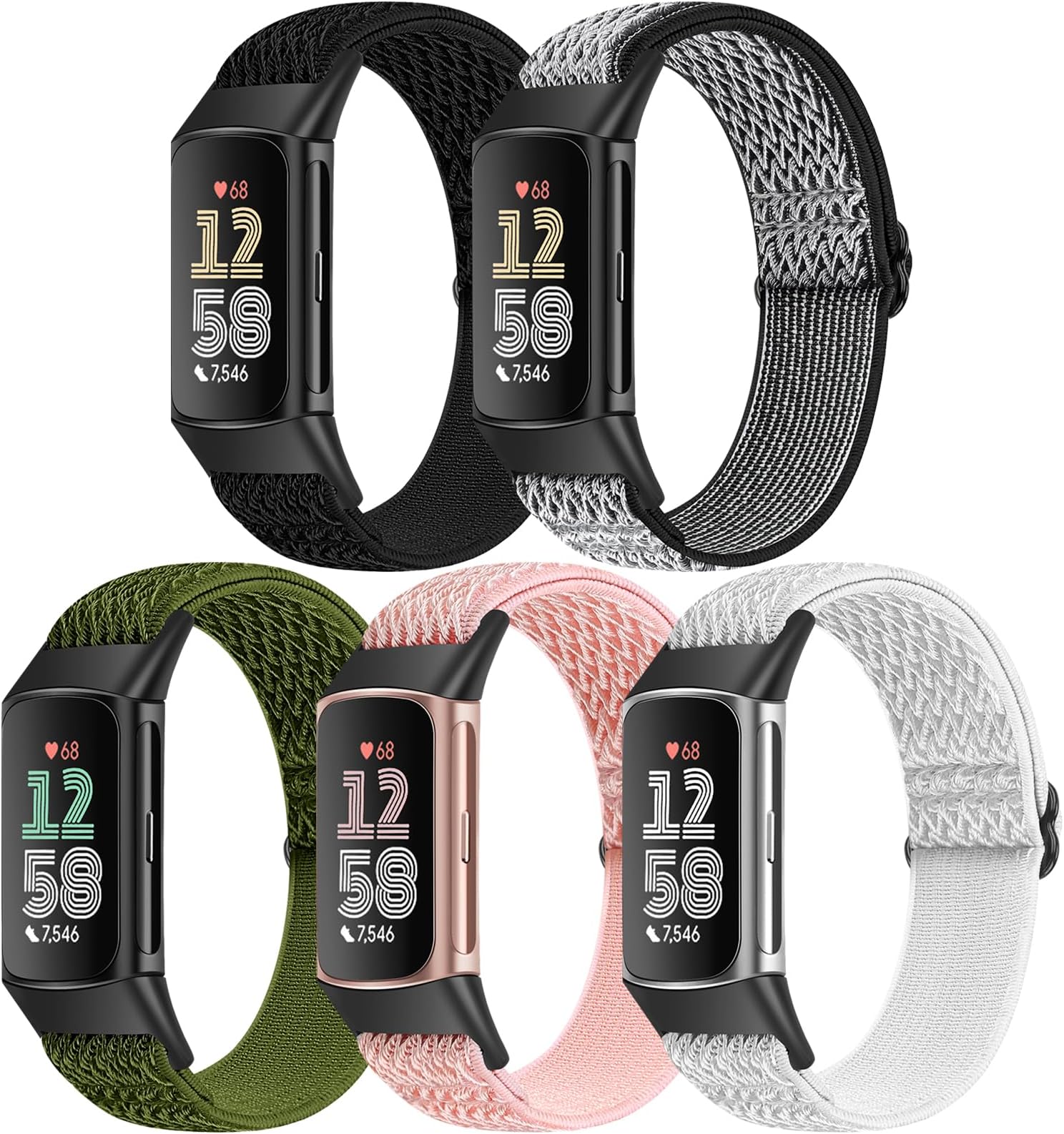 5 Pack Elastic Nylon Watch Bands Compatible for Fitbit Charge 6/Fitbit Charge 5, Adjustable Breathable Replacement Stretchy Nylon Loop Wristband Sport Strap for Women Men