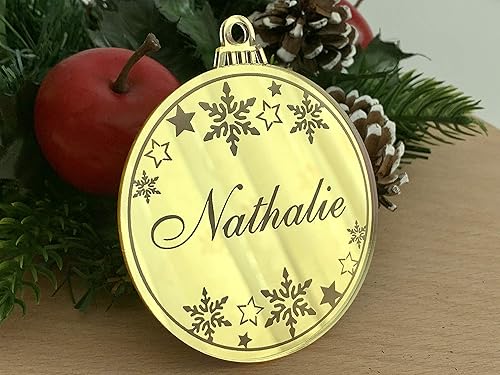 Miniatura 4 de Adorno personalizado para árbol de Navidad, nombre personalizado grabado, decoraciones navideñas, bola de Navidad con espejo, copos de nieve,