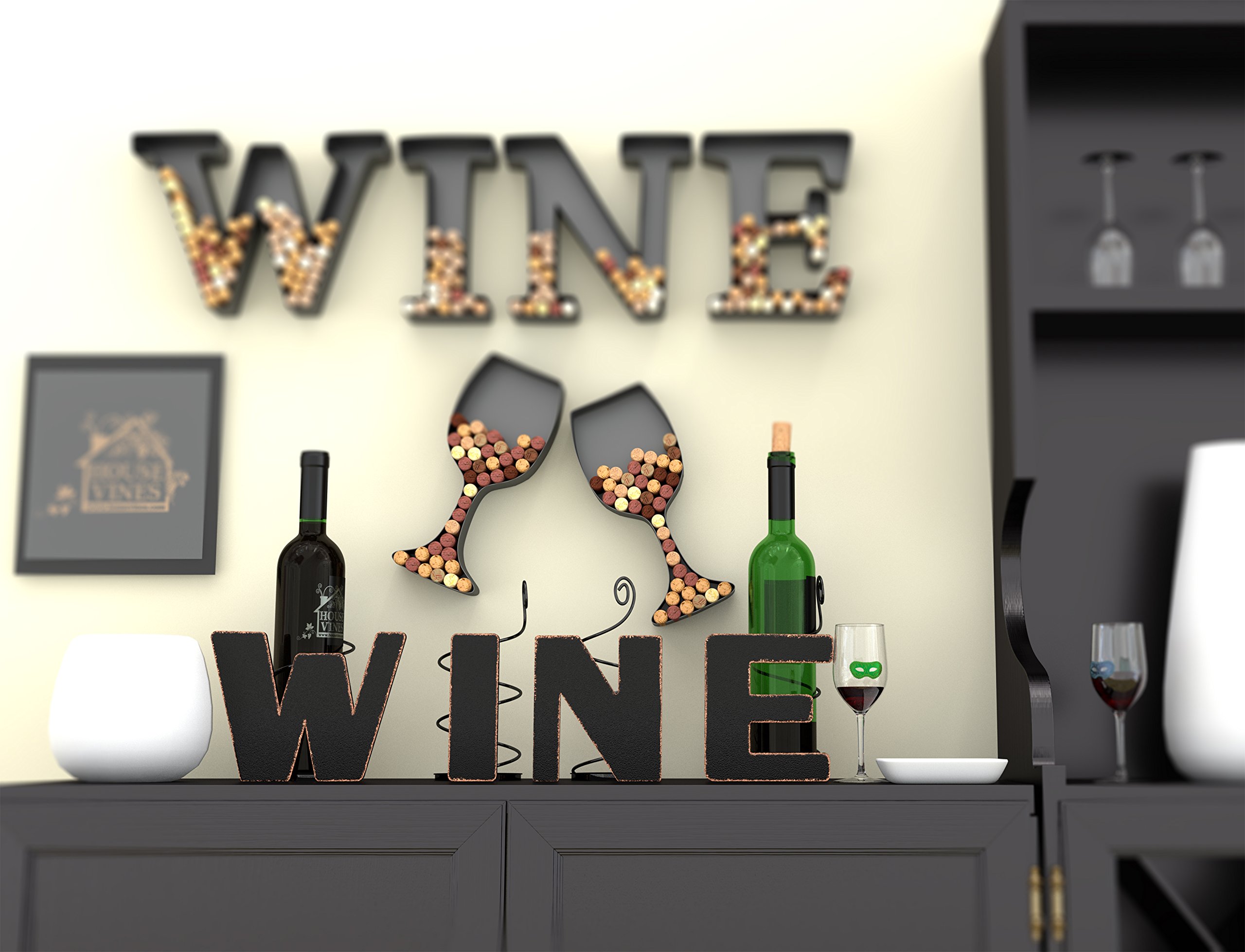 HouseVines Vino carta Metal botella de vino titular – todos los 4 letras vino – decorativo soportes para botella de vino – Regalos para los amantes del vino