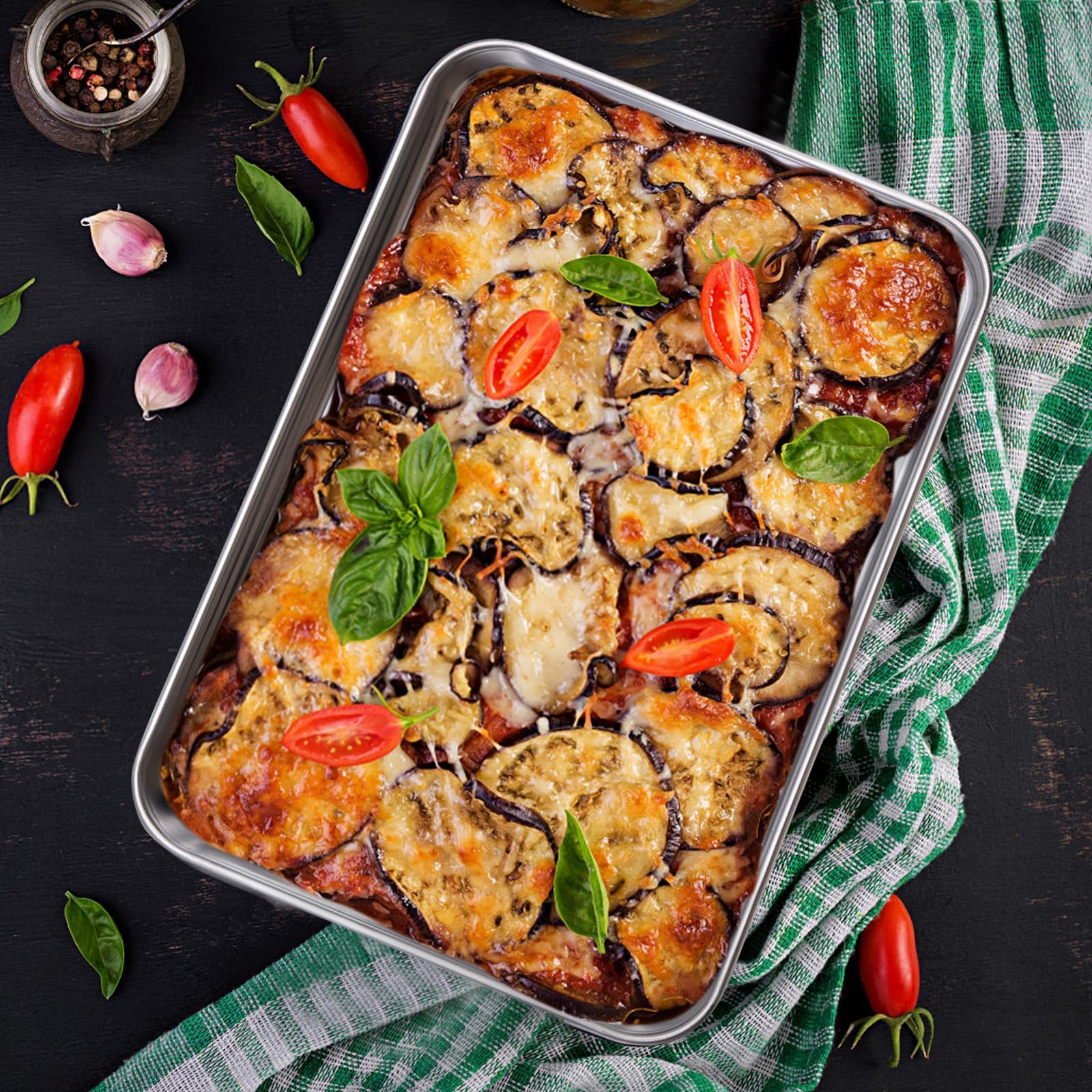 2 Pezzi Teglie da Forno in Acciaio Inox, Teglia Forno Rettangolare Antiaderente, Teglia Vassoio per Pane, Biscotti, Pizza e Torte (26.5 x 20.5 x 1.2 cm)