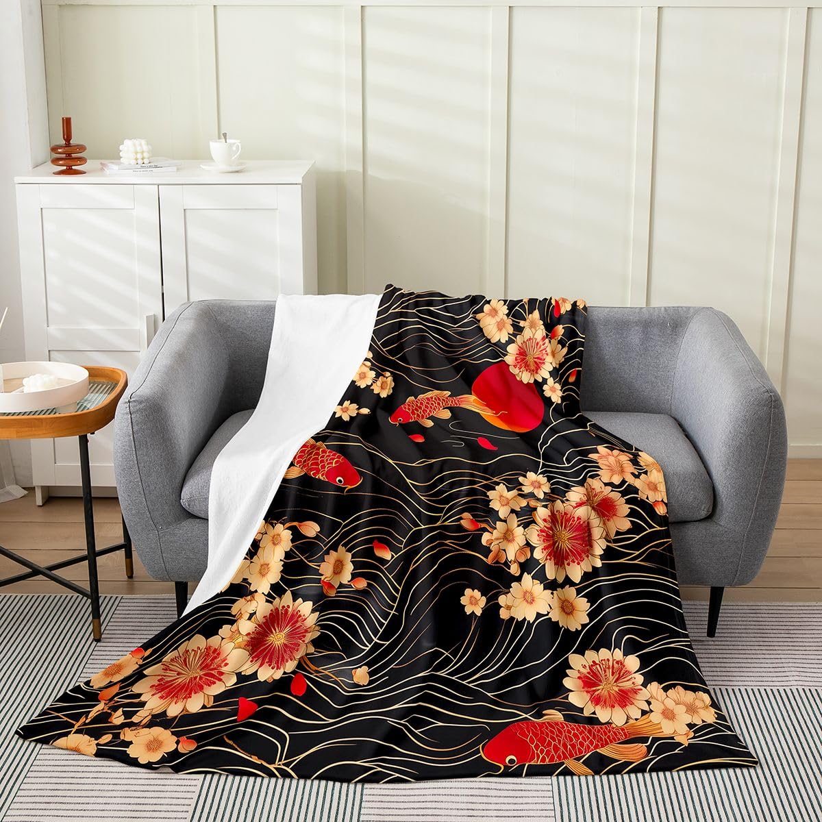 Castle Fairy Carp Fish Throw Blanket Boys Girls,Japanese Style Ukiyoe Fuzzy Blanket All Seasons Bedding Set,Flower Lines Plush Blanket Warm,Twin (60 x 80 Inches)