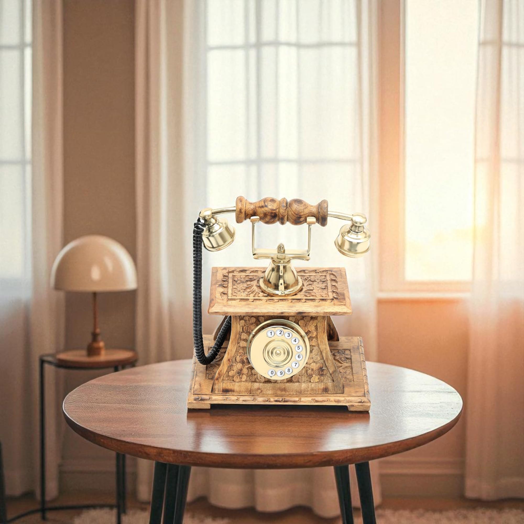 TrenDec Vintage Rotary Dial Telephone Wooden Base with Brass