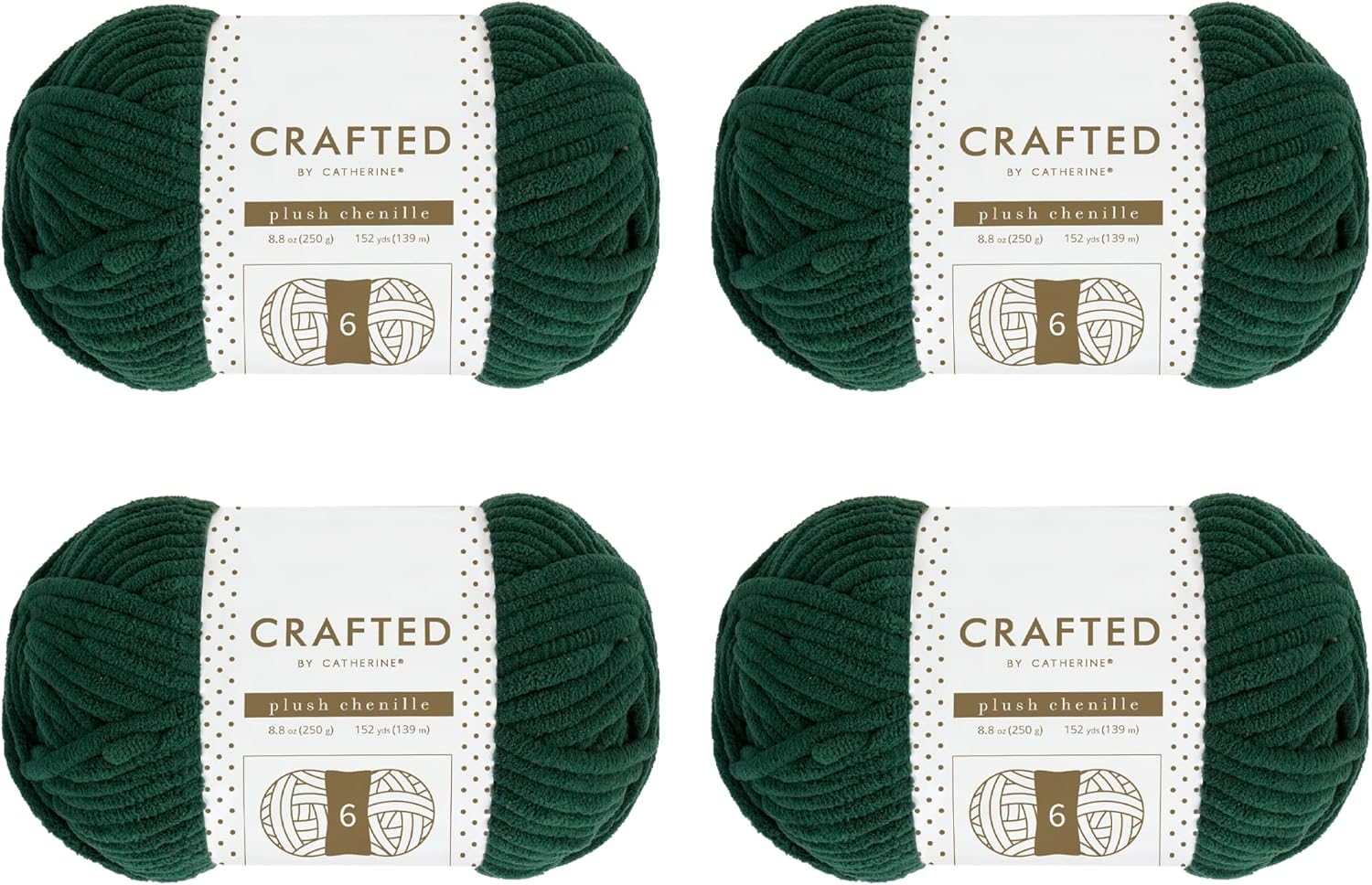Crafted by Catherine Plush Chenille Yarn for Knitting, Crocheting and Amigurumi - 4 Pack (8.8 oz / 250g, 152 Yards Each Skein), Forest Green, Gauge 6 Super Bulky