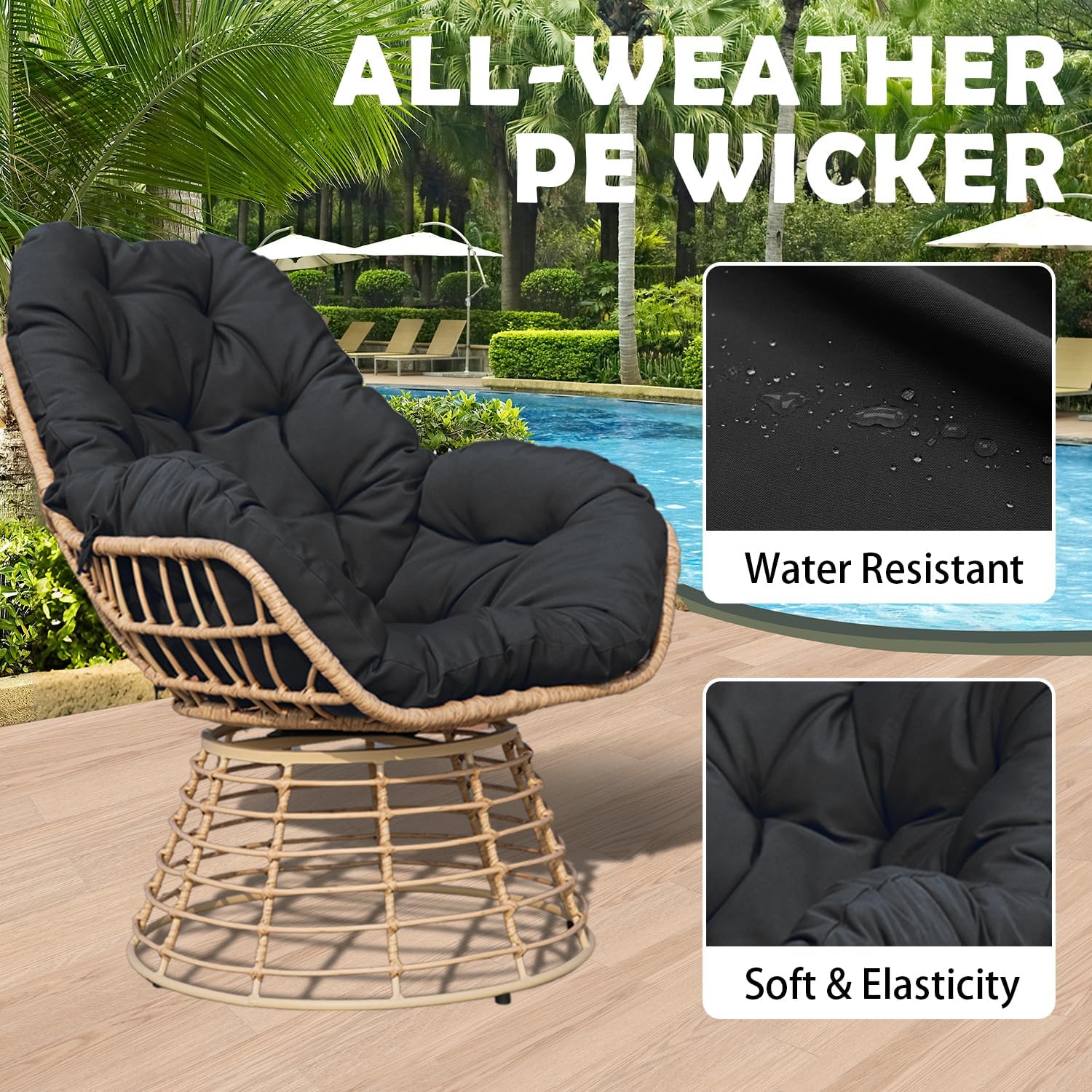 3 Pieces Wicker outdoor patio furniture set with swivel chair,Balcony Chairs Table Set with Cushions,bistro table and chairs set of 2,patio conversation sets for garden ,Deck,and porch (black)