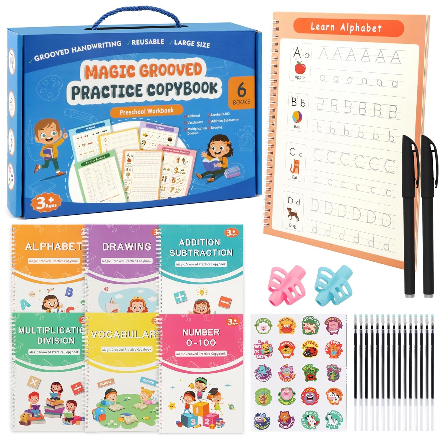 6 Pack Large Magic Grooved Writing Practice Books -Reusable Grooved Handwriting Workbooks - Preschool Letter Tracing Books - Educational Learning