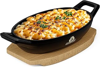KAISERTAL Cast Iron Serving Pan, 15 x 10 cm, Pan with 2 Handles & Wooden Trivet, Small Induction Serving Pan, Cast Iron Cast Iron Pan, Oval for Oven and Grill (Oval 1 Piece)