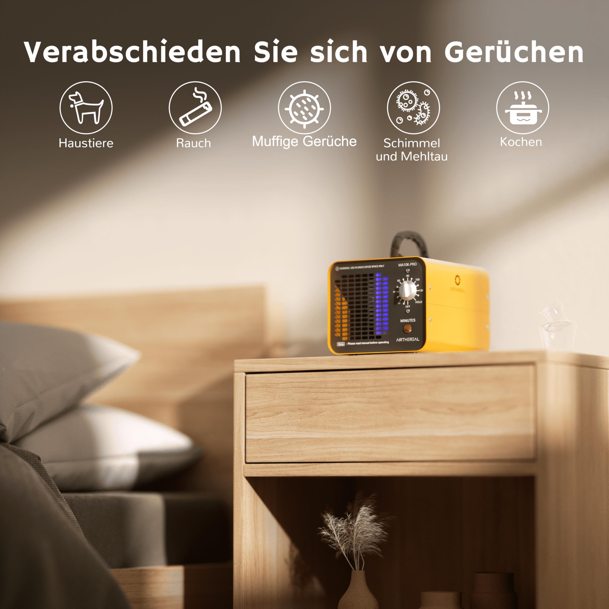 AIRTHEREAL MA10K-PRO Industrieller Ozongenerator 10.000mg/h – Professioneller O3 Geruchskiller mit Timer – Ozongerät für Keller, Auto, Rauch & Renovierung – Gelb