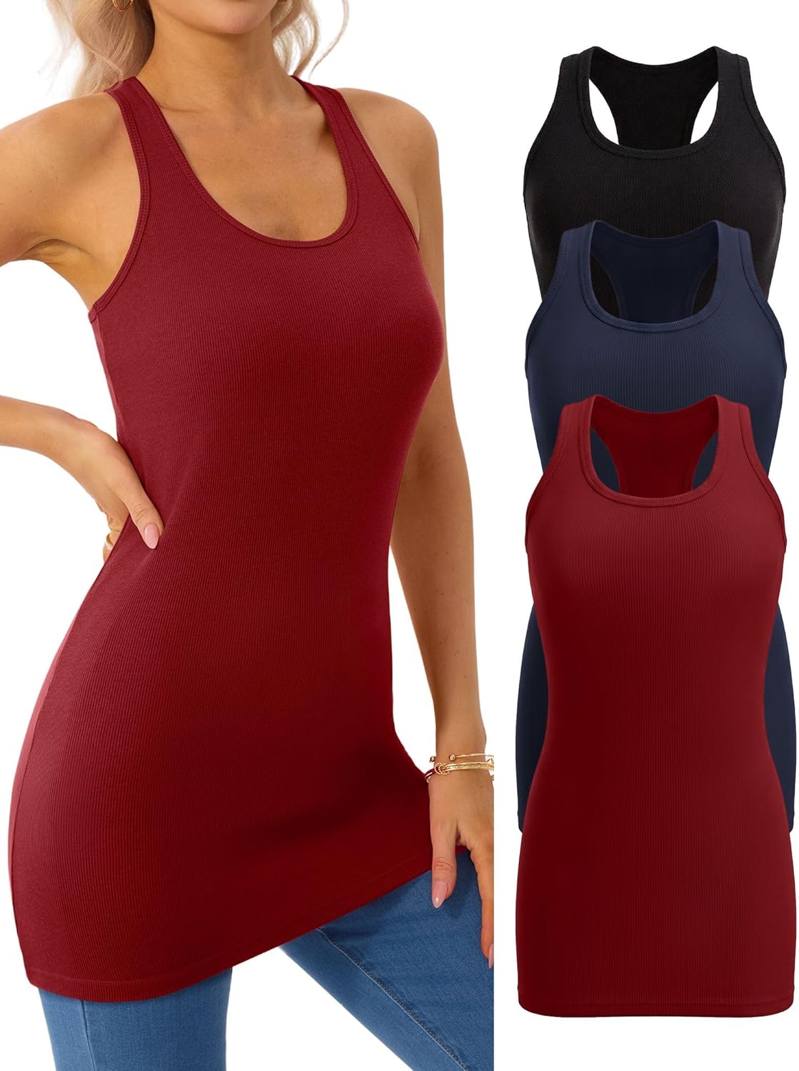 3 Pack Extra Long Tank Top with Shelf Bra for Women Racerback Tank Tops Slim Fit Ribbed Layering Undershirts