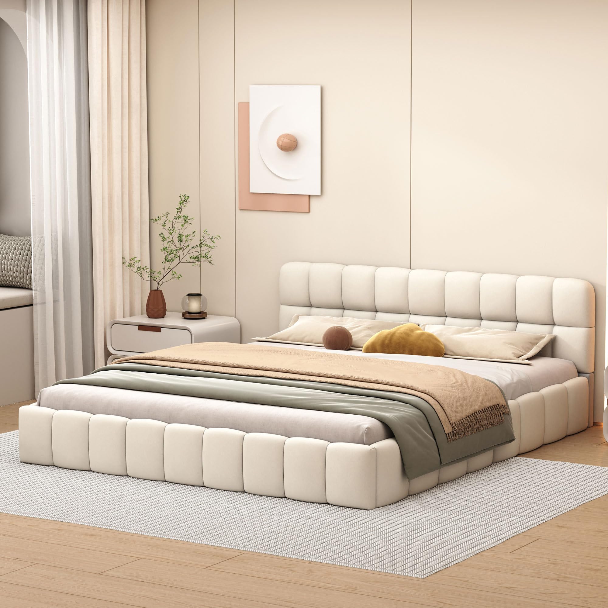 BRILVERDE Letto imbottito Bubble 140x200 cm, letto matrimoniale con rete a doghe, morbida schienale, letto singolo a basso profilo, in lino, colore beige (Beige, 140x200 cm)