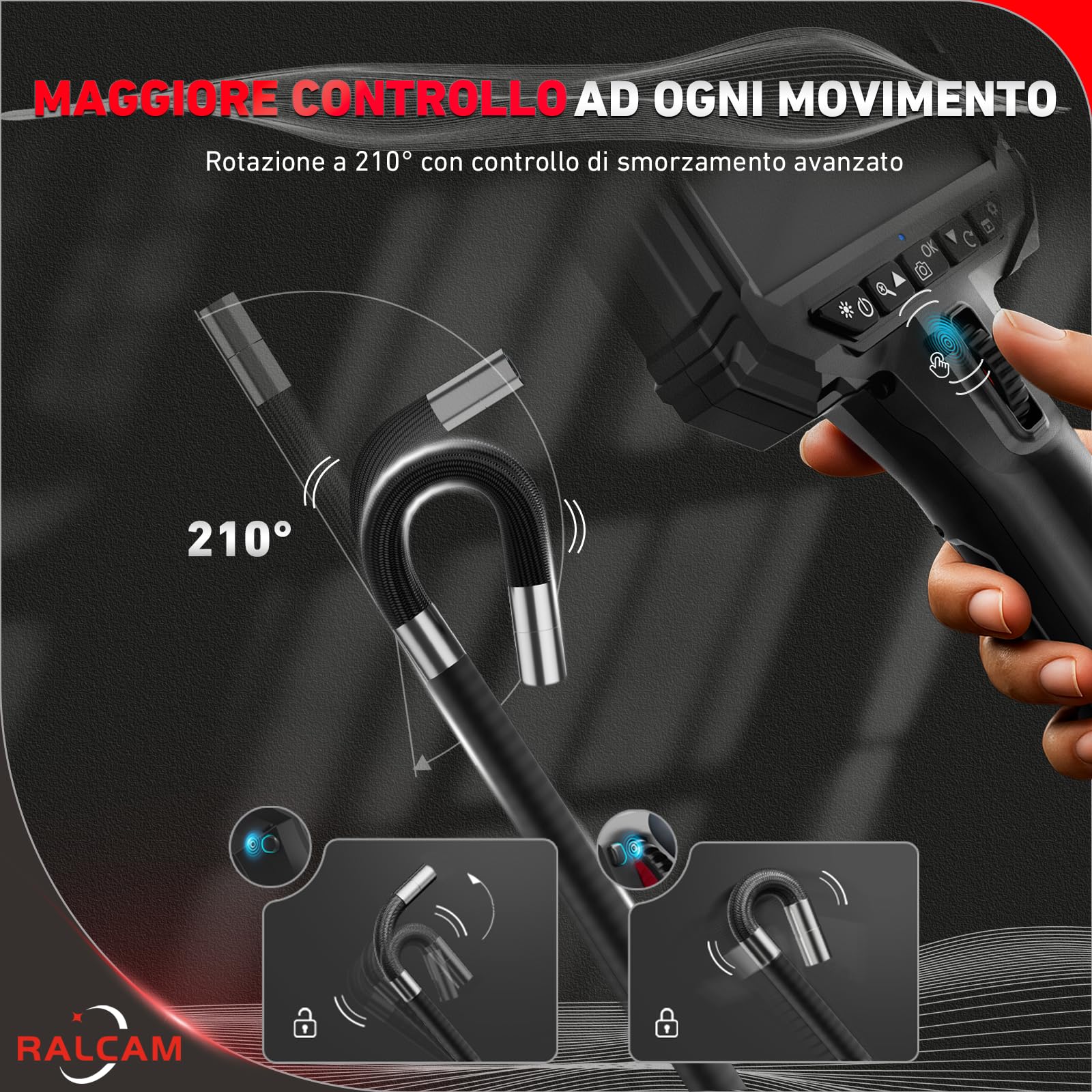 Ralcam Fotocamera Endoscopia con Luce, Fotocamera Endoscopia con Testa Mobile a 210°, Sonda da 5,5 mm, Schermo HD da 5", Fotocamera di Ispezione IP67, Tubo Flessibile Elastico da 1,5M, Fotocamera a