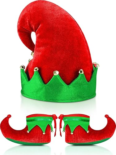 SATINIOR Juego de accesorios de disfraz rojo y verde de Navidad con zapatos y sombrero de elfo de Papá Noel