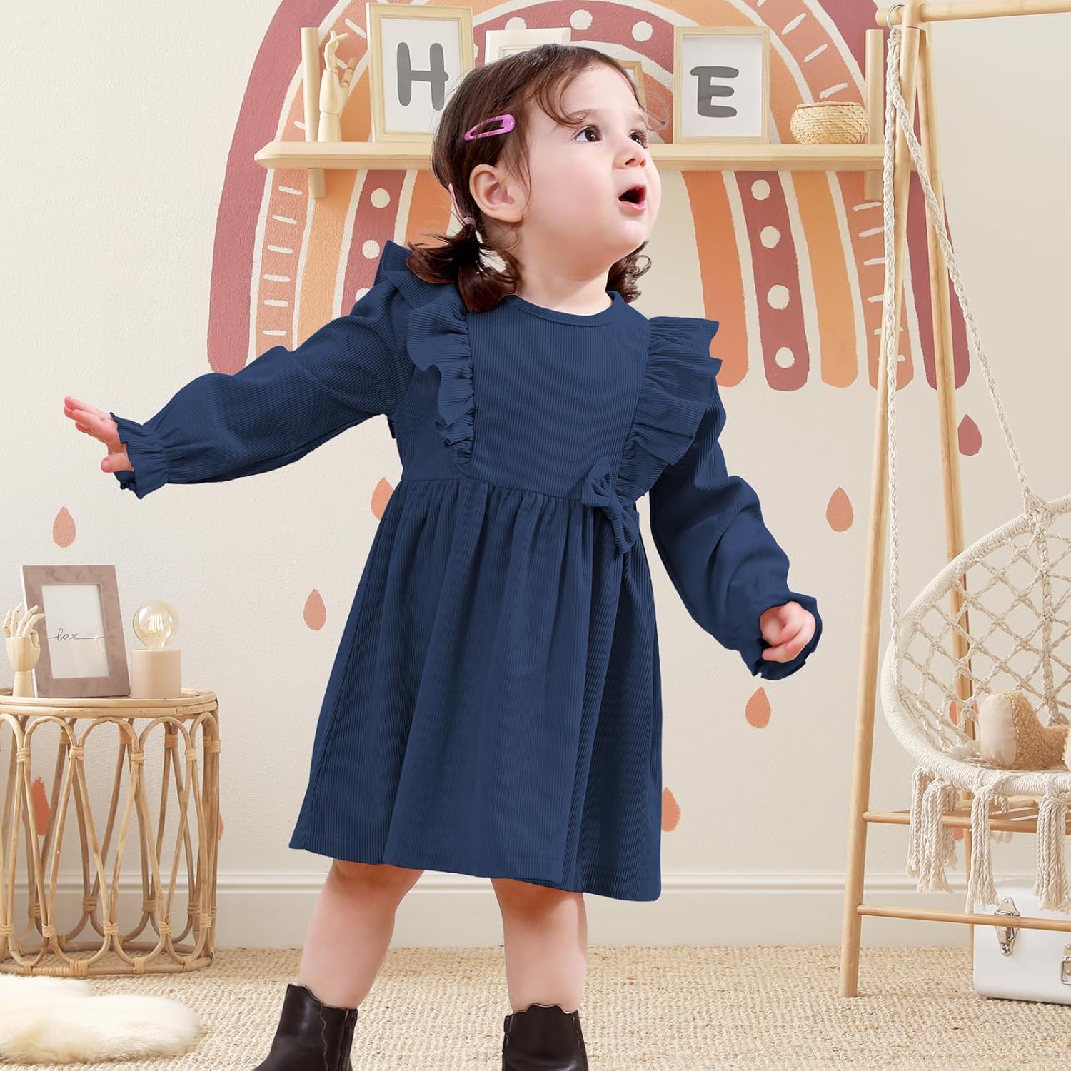 Toddler Baby Girls Dress Long Sleeve Ruffle Dress for Baby Girls Casual Solid Corduroy Little Kids Winter Clothes - Image 3