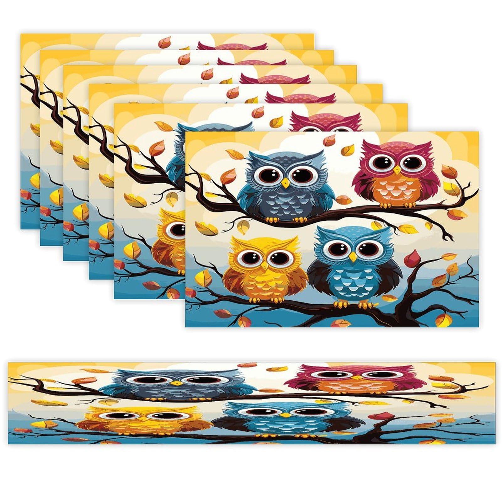 Owls on Tree Branches Table Runner and Placemats Set of 6 for Kitchen Washable Table Mats Heat Resistant Place Mats Non-Slip Place Mat Wipeable Placemat(6 Placemats+1 Table Runner)