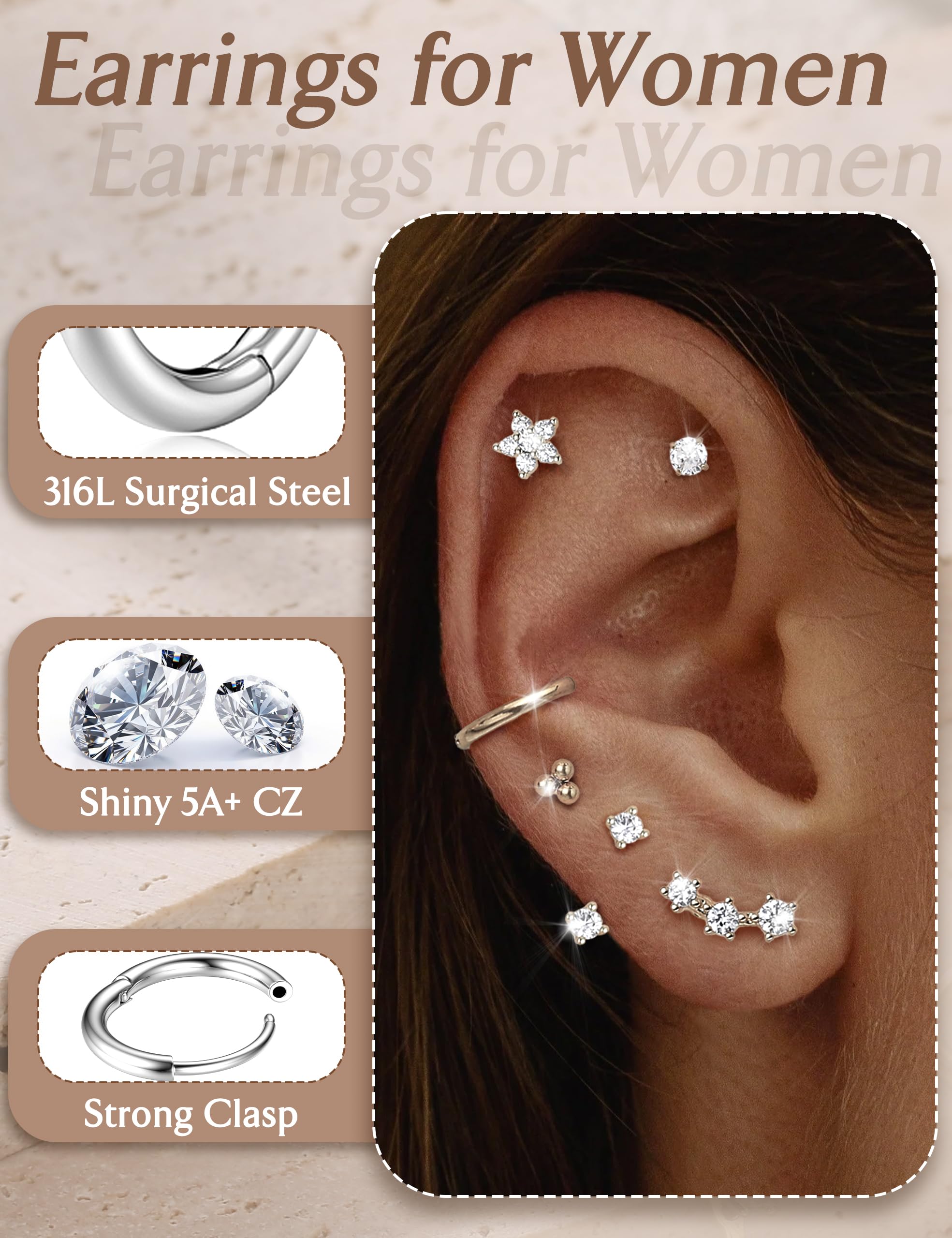 Diamday 7 par srebrnych kolczyków dla kobiet, hipoalergiczne kolczyki koła ze stali chirurgicznej, złote sztyfty, zestaw kolczyków Huggie, helix, tragus, muszla, biżuteria, zestaw kolczyków do