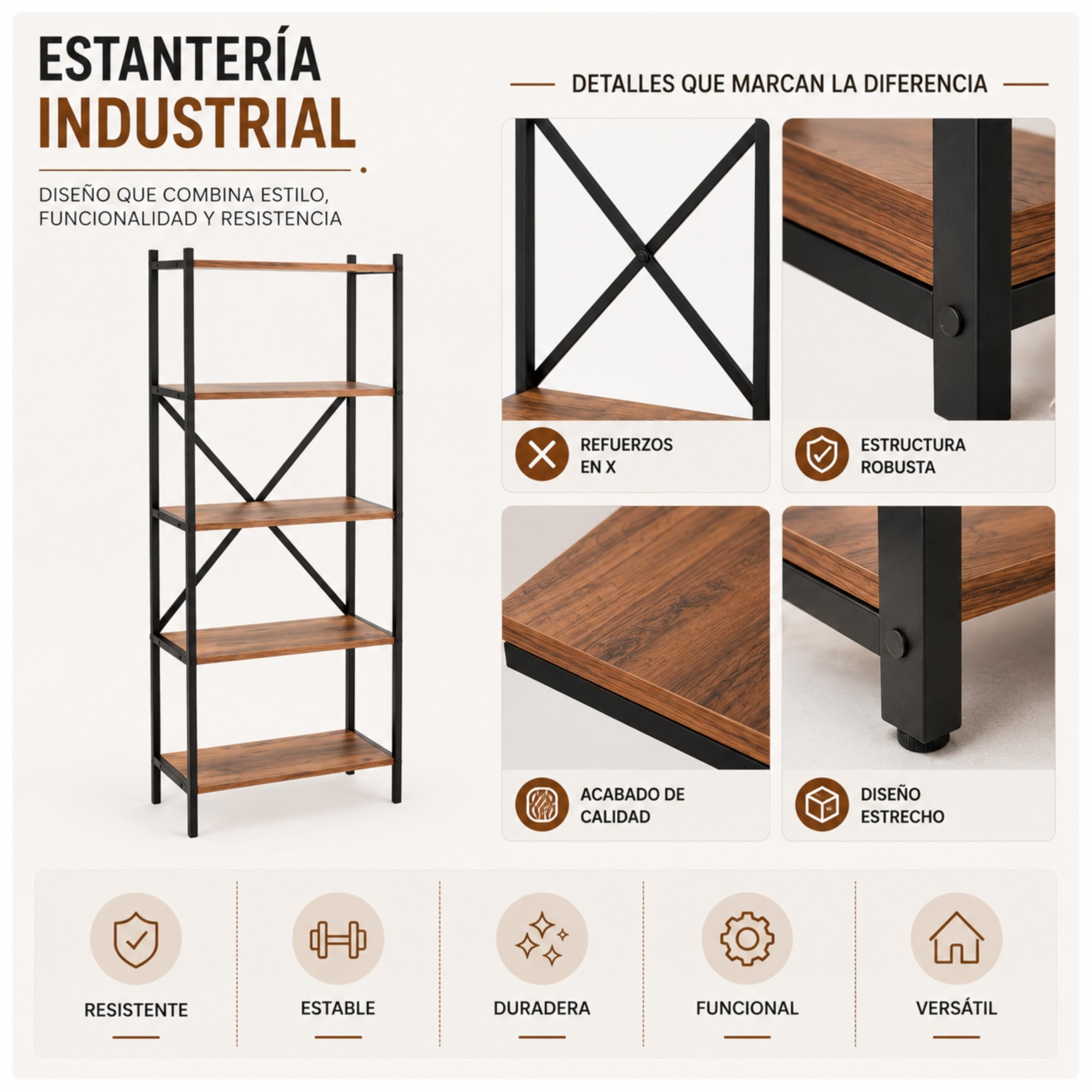 Estanteria Industrial de Madera, Estanteria Estrecha y Alta Ideal como Estanteria Libros, Estanterias Madera Color Atlantic Pine de 66 x 32 x 157 cm. Afrodita