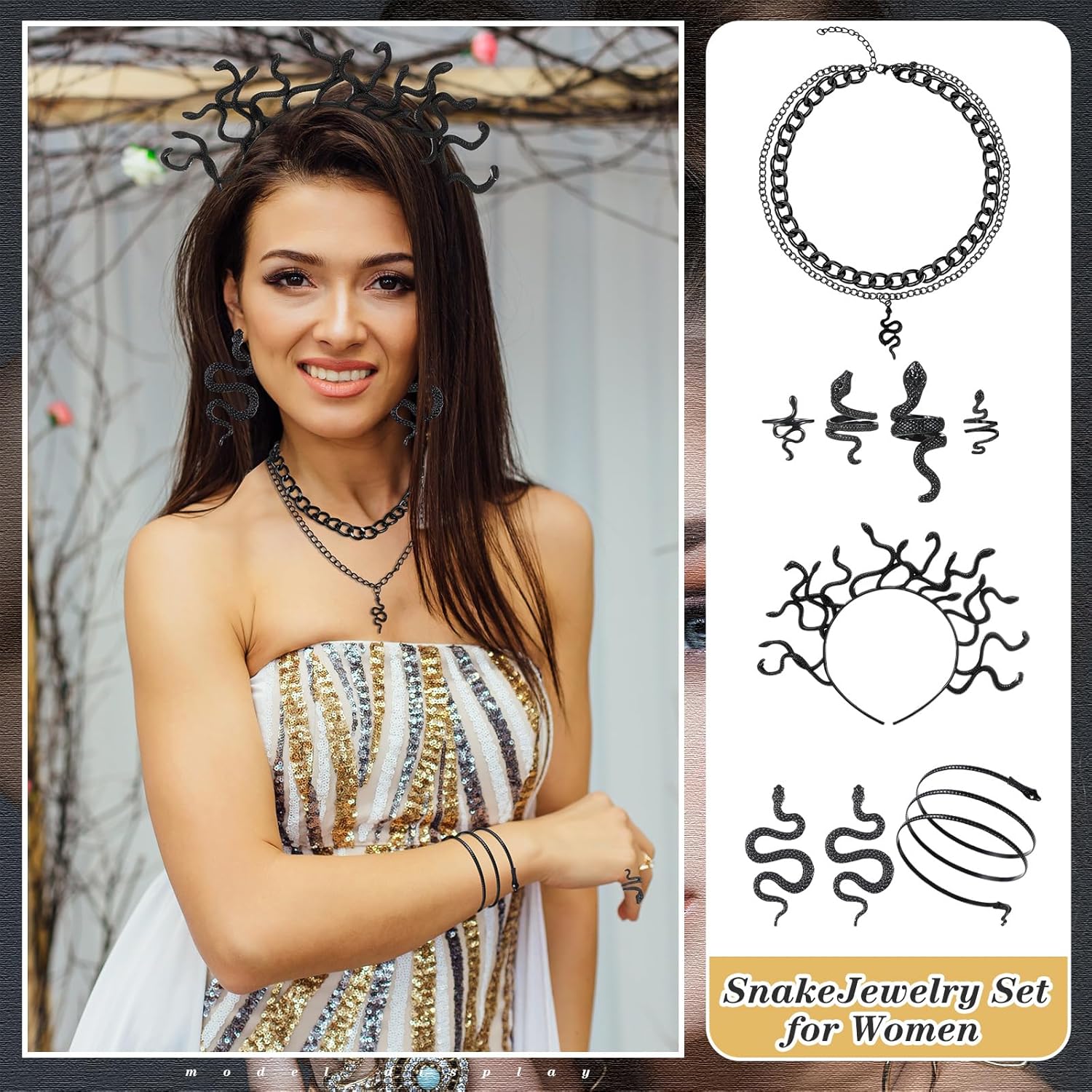 8 Pcs Medusa Snake Accessories Set for Women Medusa Headpiece Jewelry Necklace Earrings Armband Rings for Halloween Party Accessory - Image 6