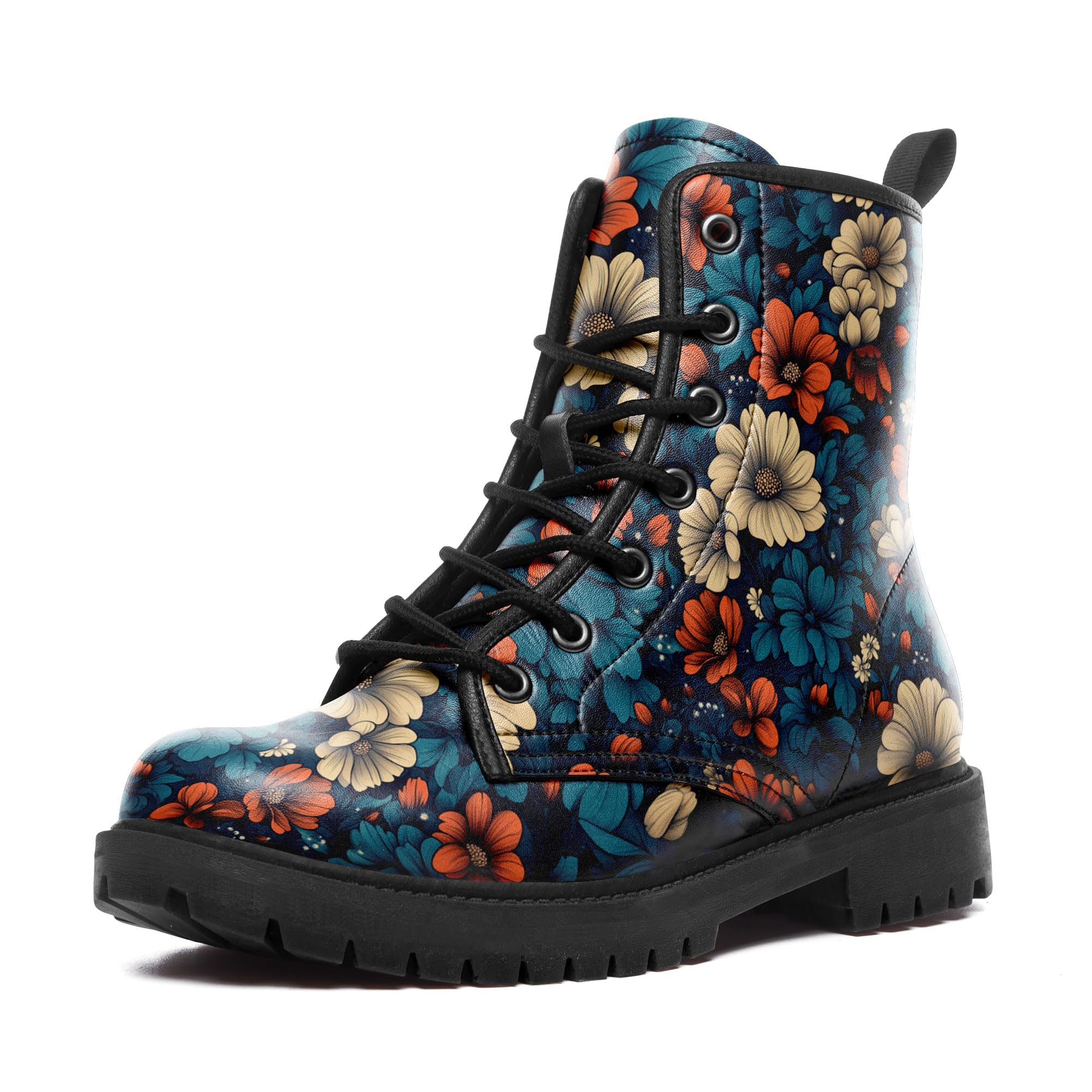 Retro Floral Combat Boots for Women Comfortable Vintage Flower Print Lace-Up Ankle Boots Platform Booties
