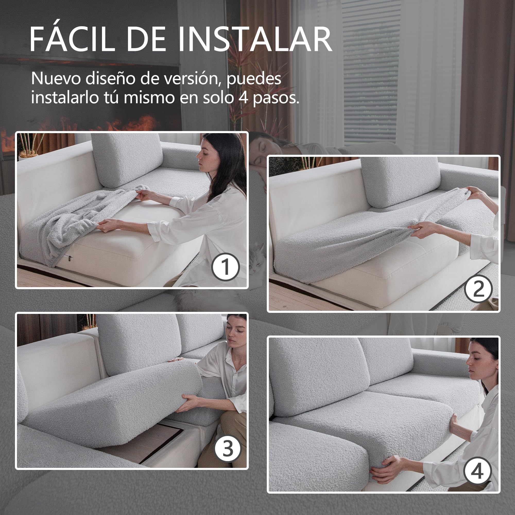 OHSIO Funda para sofá – Funda de cojín de Asiento Altamente elástica, Antideslizante, Lavable, Apta para Mascotas, Resistente (Gris Claro, 2 Fundas de Asiento S + 1 Funda Chaise Longue)