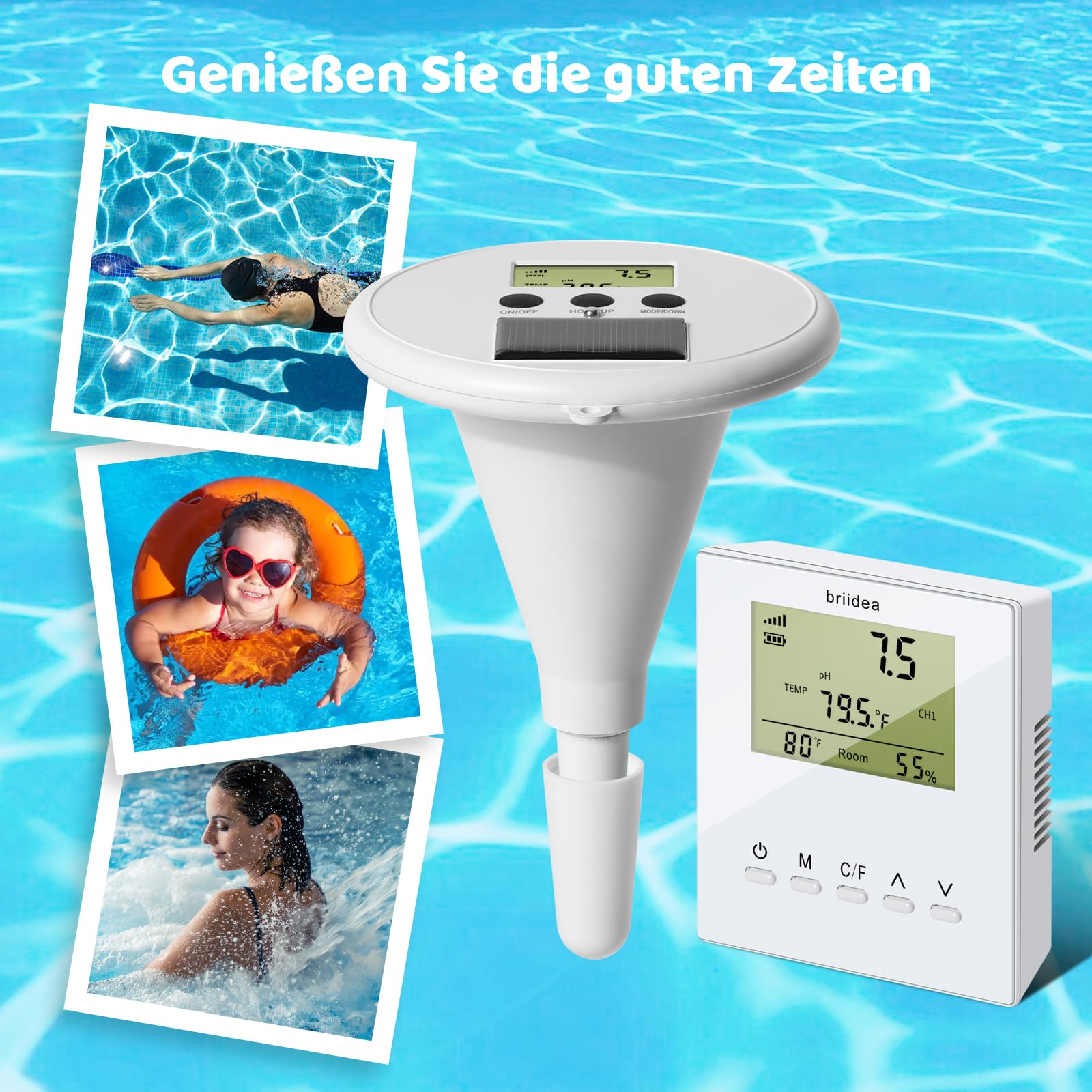 briidea Kabelloses Digitales Schwimmbad-Wasserprüfgerät Mit Zwei Displays & Hochpräziser Elektrode Zur Messung Von Temperatur, pH, EC, TDS Für Alle Pools, Whirlpools Und Spas