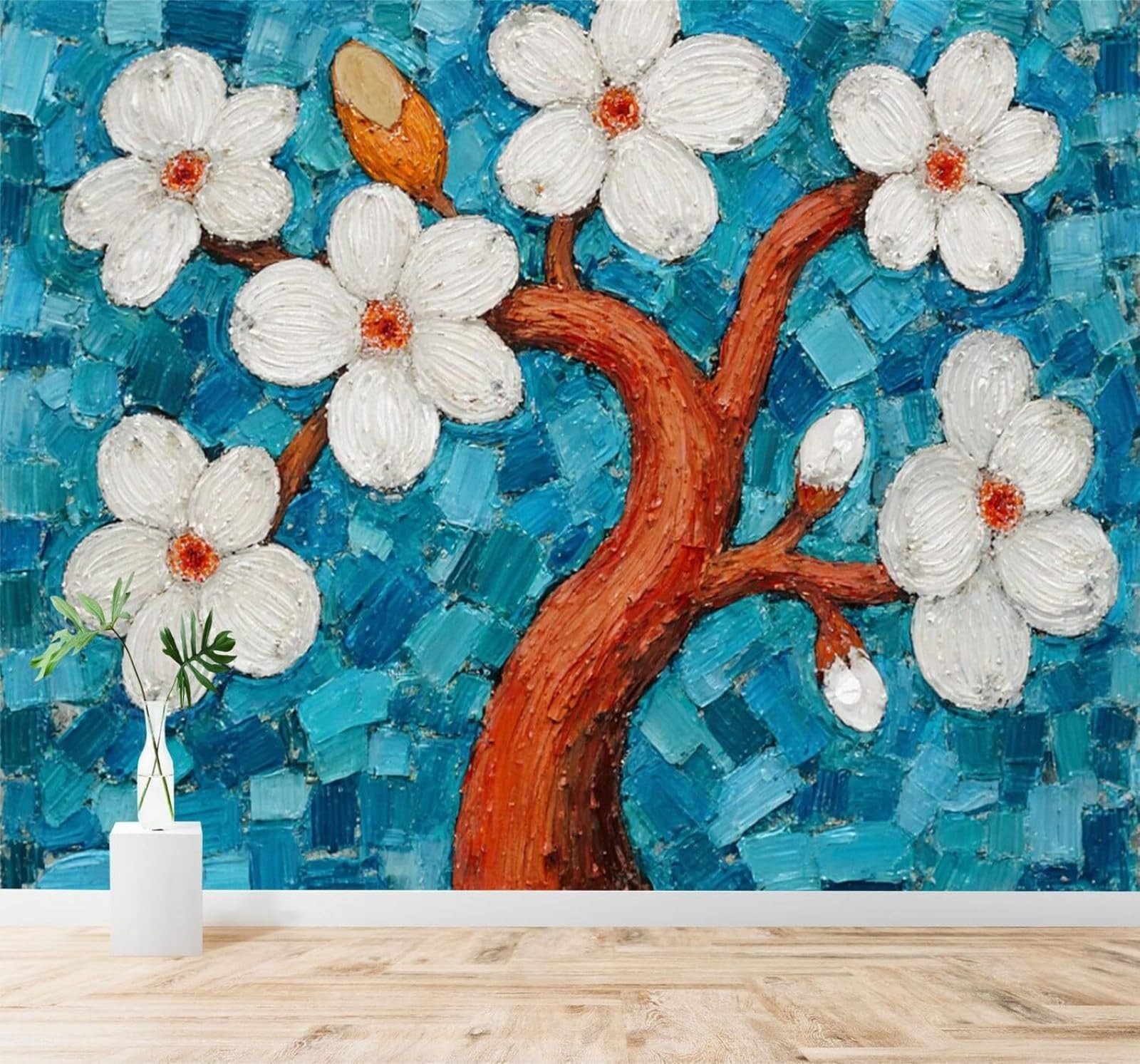 XLMING White Flowers Trees Abstract Blue Art 3D Wallpaper Silky Texture Home Study Office Grey Dining Room Sofa Bedroom Living Room TV Backdrop-300cm×210cm