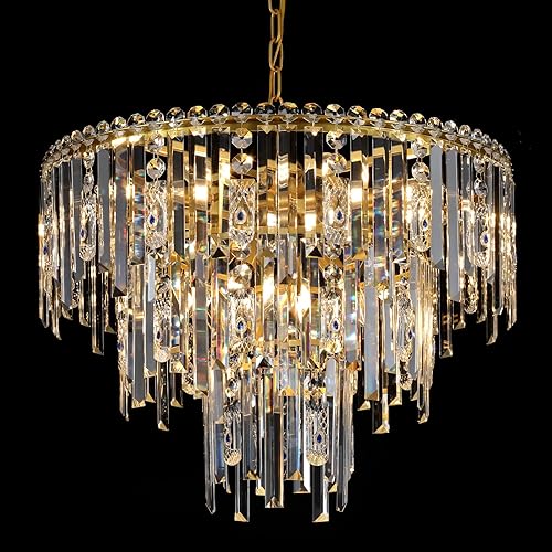 Gold Crystal Chandeliers, 24” Modern Round Chandelier for Dining Room 3 Tiers 12 Lights Ceiling Pendant Light Fixtures Large Ceiling Chandeliers for Foyer Living Room Bedroom