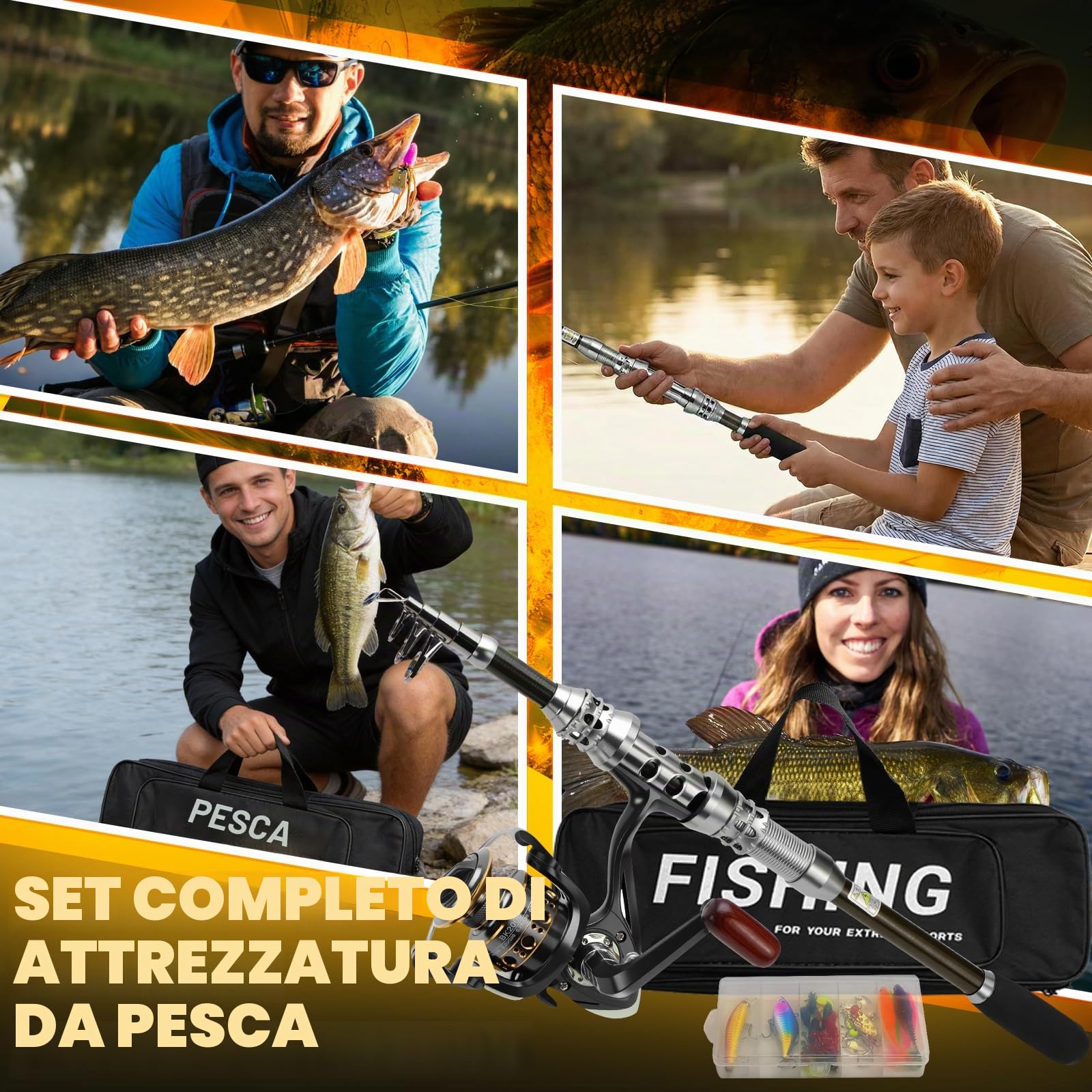 Raxfekro Canna da pesca telescopica da 1,8 m, in fibra di carbonio, con mulinello, set combinato per acqua salata e acqua dolce, con set di esche, filo in nylon da 100 m, pinze da pesca e borsa per il