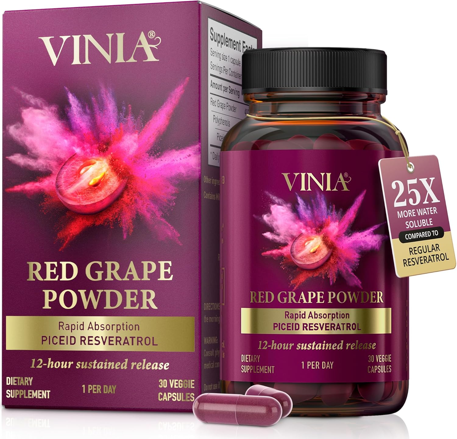 VINIA Piceid Resveratrol Supplement Capsules. Increases Blood Flow and Nitric Oxide. Blood Pressure and Heart Health Support | Antioxidant from Red Grapes | Non-GMO, 30 Count