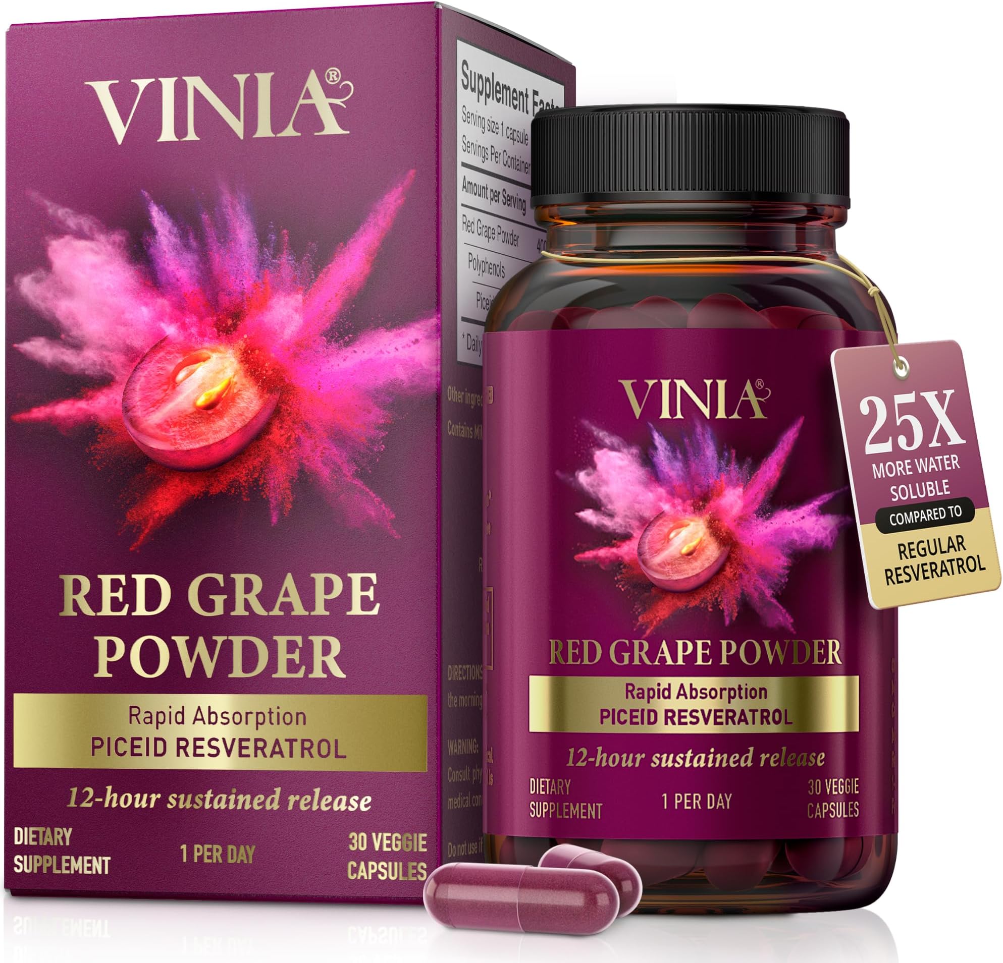 VINIA Piceid Resveratrol Supplement Capsules. Increases Blood Flow and Nitric Oxide. Blood Pressure and Heart Health Support | Antioxidant from Red Grapes | Non-GMO, 30 Count