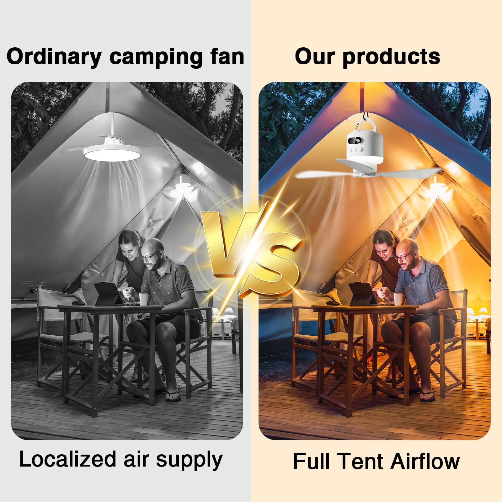 Deckenventilator mit Beleuchtung, 45CM Camping Ventilator für Zelt, 15600mAh Akku aufladbar mit Licht und Fernbedienung USB Timer leise, mobiler Deckenventilator für Outdoor Pavillon Terrasse (Weiß)