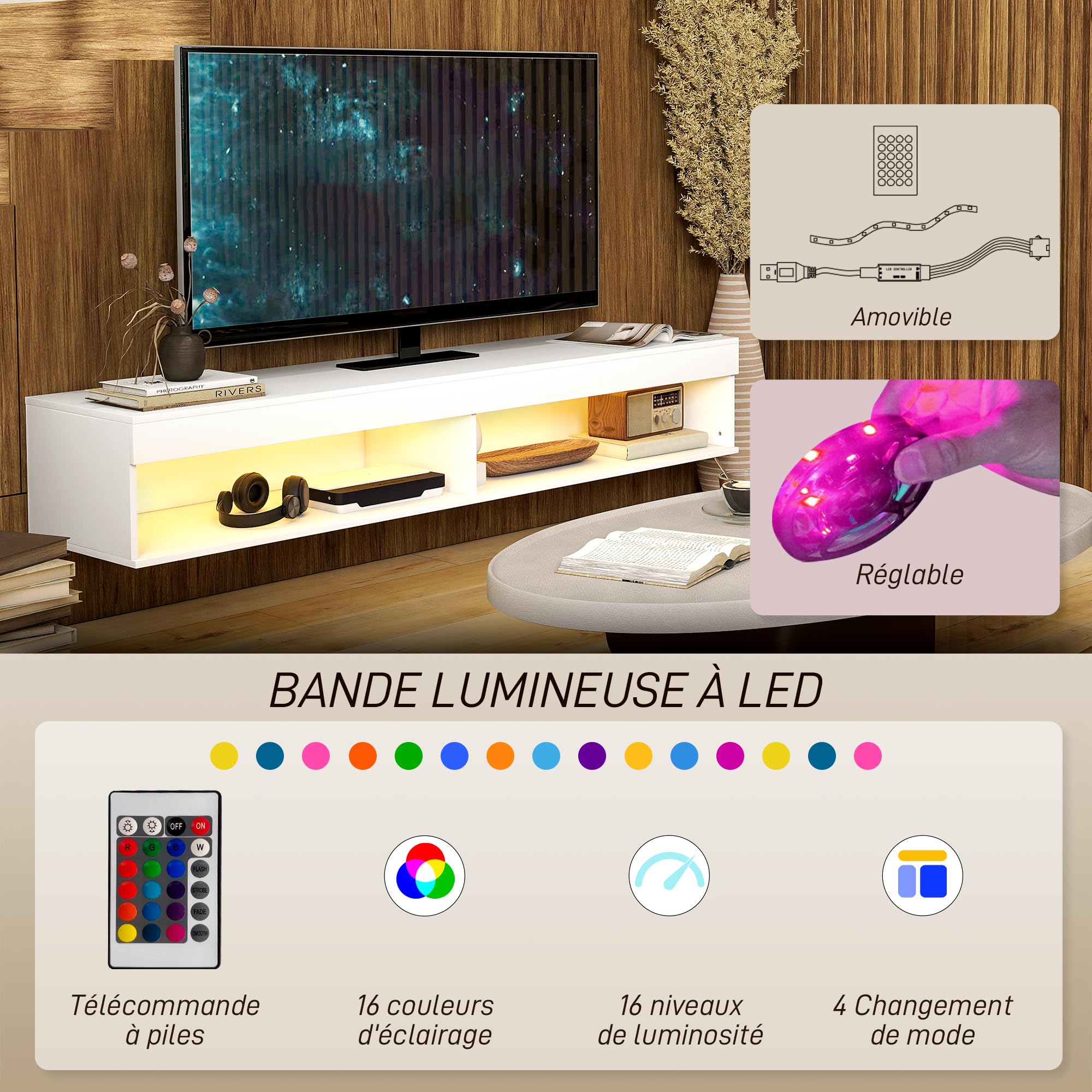 HOMCOM Meuble TV Suspendu Mural pour TV 75 Pouces 80 x 40 x 30 cm Blanc