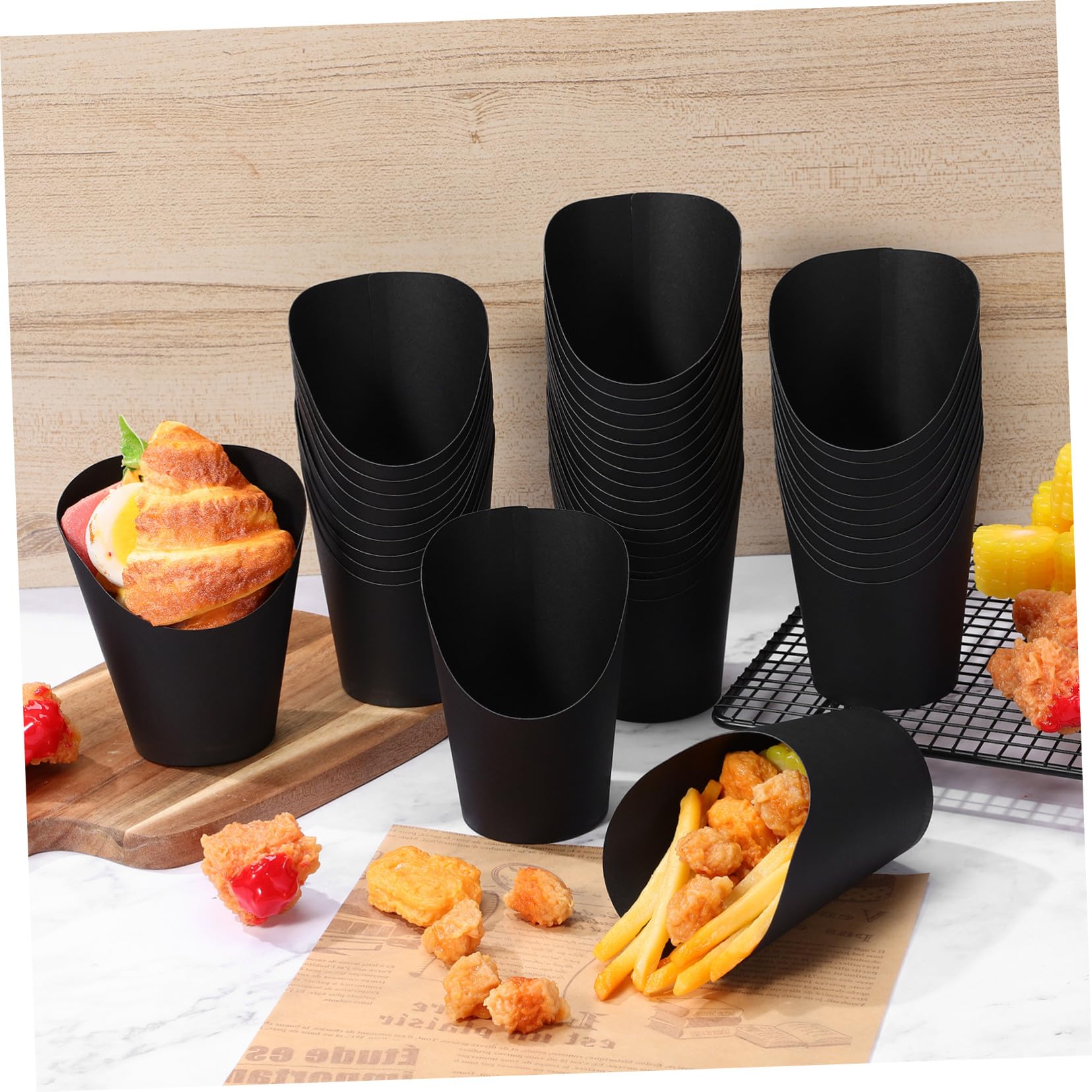 VANZACK 100 pezzi Bicchieri di Carta da 14oz con Apertura Obliqua per Patatine Fritte e Snack Contenitori Resistenti per Feste ed Eventi Neri 100 Pezzi