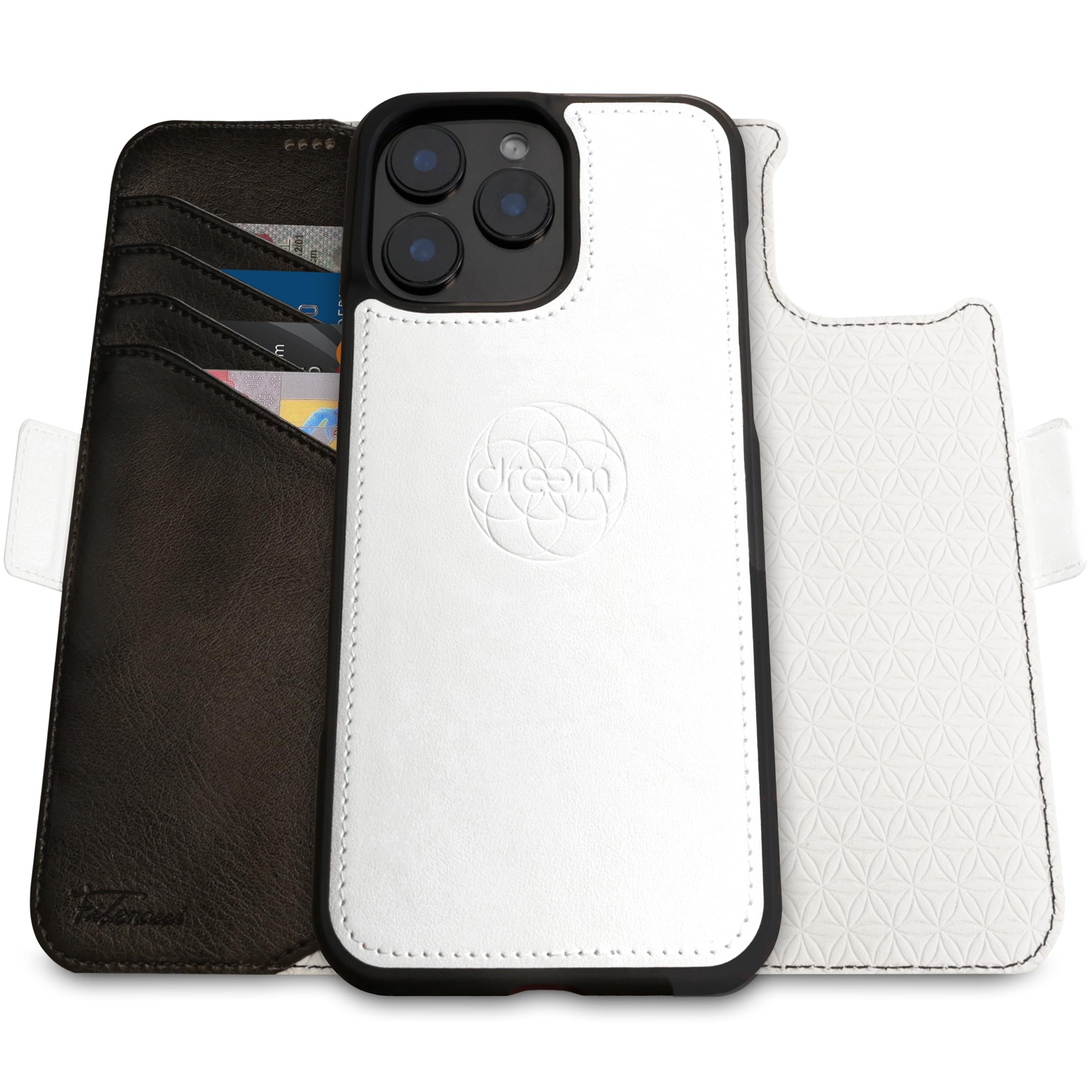 Dreem Etui do iPhone'a 16 Pro Max, rewolucyjny stojak na telefon, wegańska skóra, magSafe-Fit, magnetyczne odpinane etui z klapką, uchwyt na kartę blokującą RFID, pudełko prezentowe [Fibonacci: biały