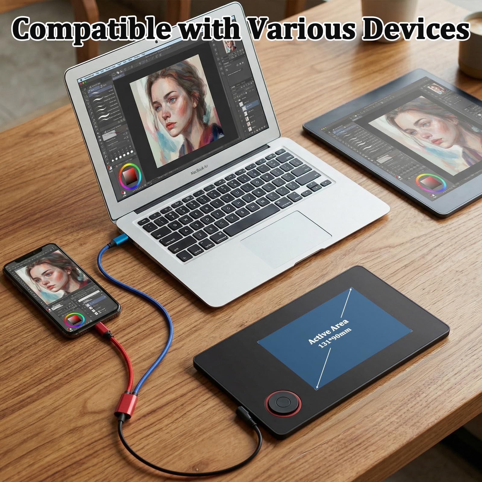 IMAGE Tablette graphique portable de 22,6 x 13,5 cm avec 8 192 niveaux de stylet sans pile et 1 cercle magique, 4 touches rapides, compatible avec Windows/Mac/Android pour la peinture, le design et