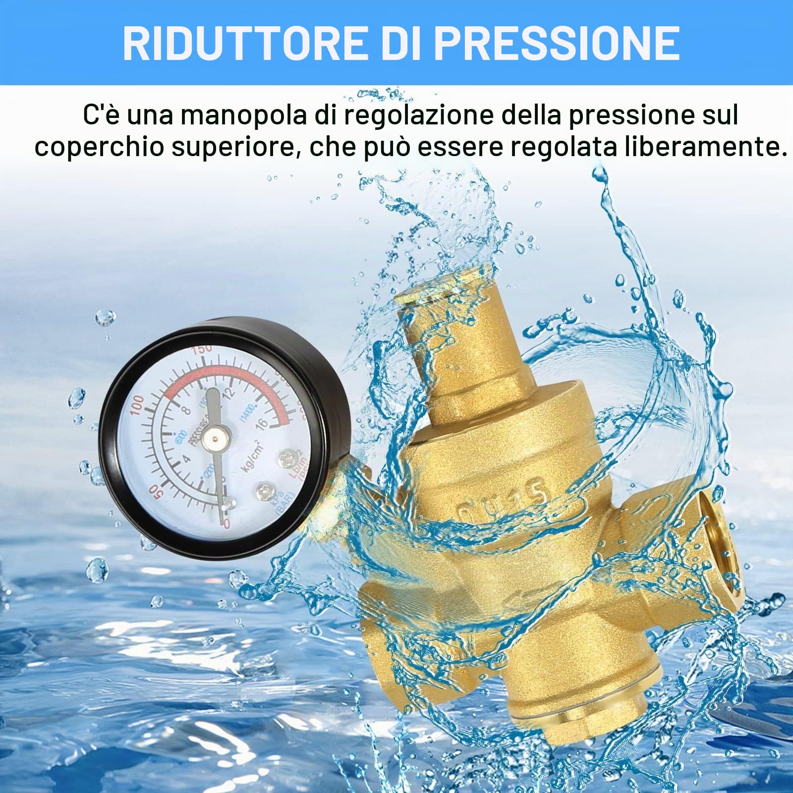 Regolatore di Pressione Acqua 1/2 pollice DN15 con Manometro Pressione Acqua 100% in Ottone ad Alta Durezza, Riduttore Pressione Acqua Valvola di Riduzione Della Riduttore di Pressione Acqua 1/2