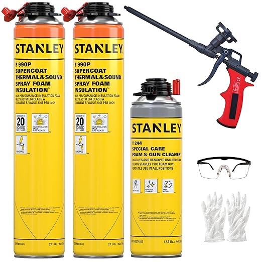 STANLEY Supercoat Spray Foam Insulation Kit - Closed Cell Spray Foam Covers Up to 40 Sq.Ft. - Including Gun, Cleaner, Safety Items - 27.1 oz, 2 Pack