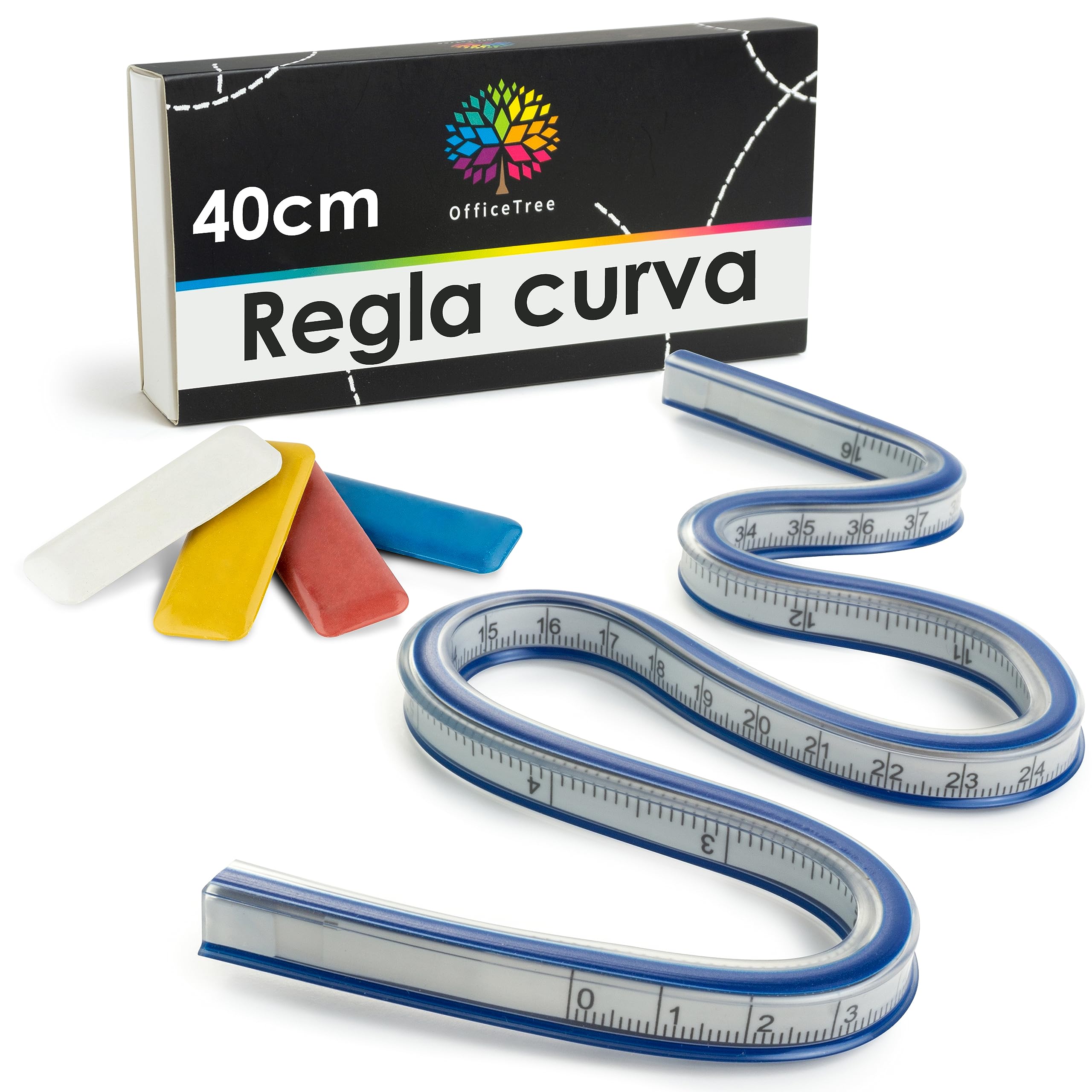 OfficeTree Regla Flexible 40 cm con 4x Tizas Costura - Regla de Curvas - Reglas Curvas para Patronaje - Regla Curva Costura - Regla Dibujo Tecnico - Reglas Flexibles para Curvas - Regla Costura