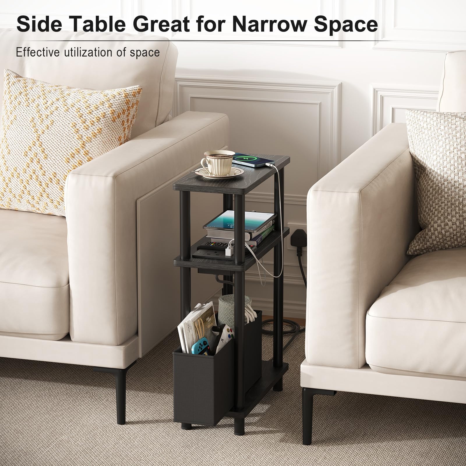 APICIZON Narrow Side Table, 3 Tier Bed Side Table, Slim End Table with Charging Station, for Living Room Bedroom - Image 4