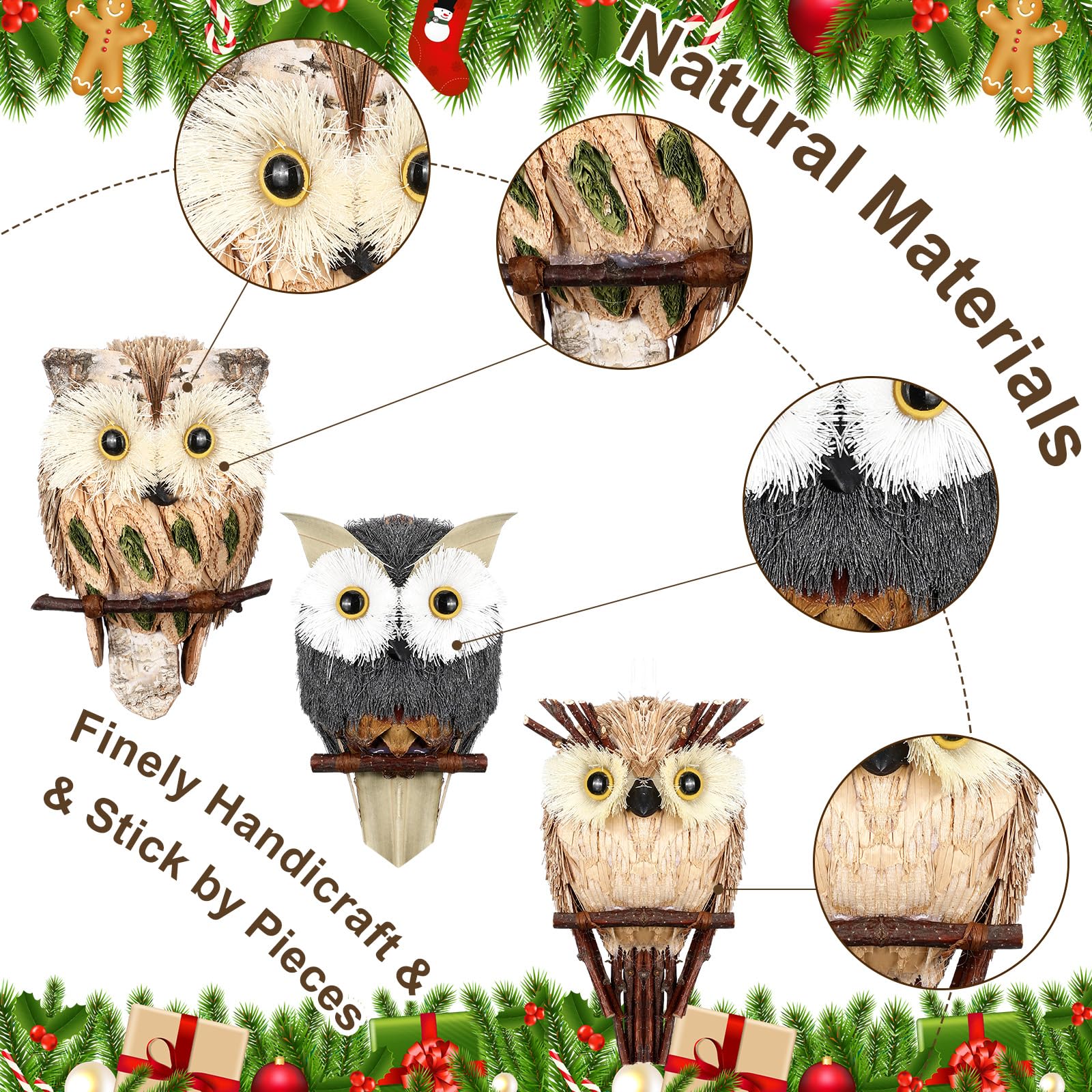 Namalu Confezione da 6 gufi in sisal, statuette di animali in paglia naturale, per ornamenti natalizi rustici, decorazioni realistiche per albero di Natale, artigianato fai da te, decorazioni per